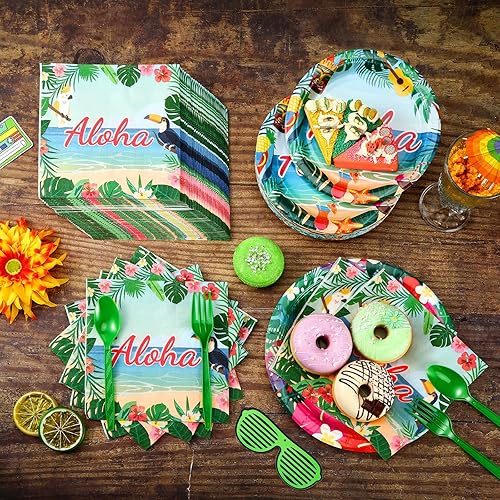 Miniatura 7 de 240 platos de fiesta Luau hawaiano Aloha suministros para fiesta de cumpleaños, platos desechables Tiki Tropical para 40 invitados, incluyendo