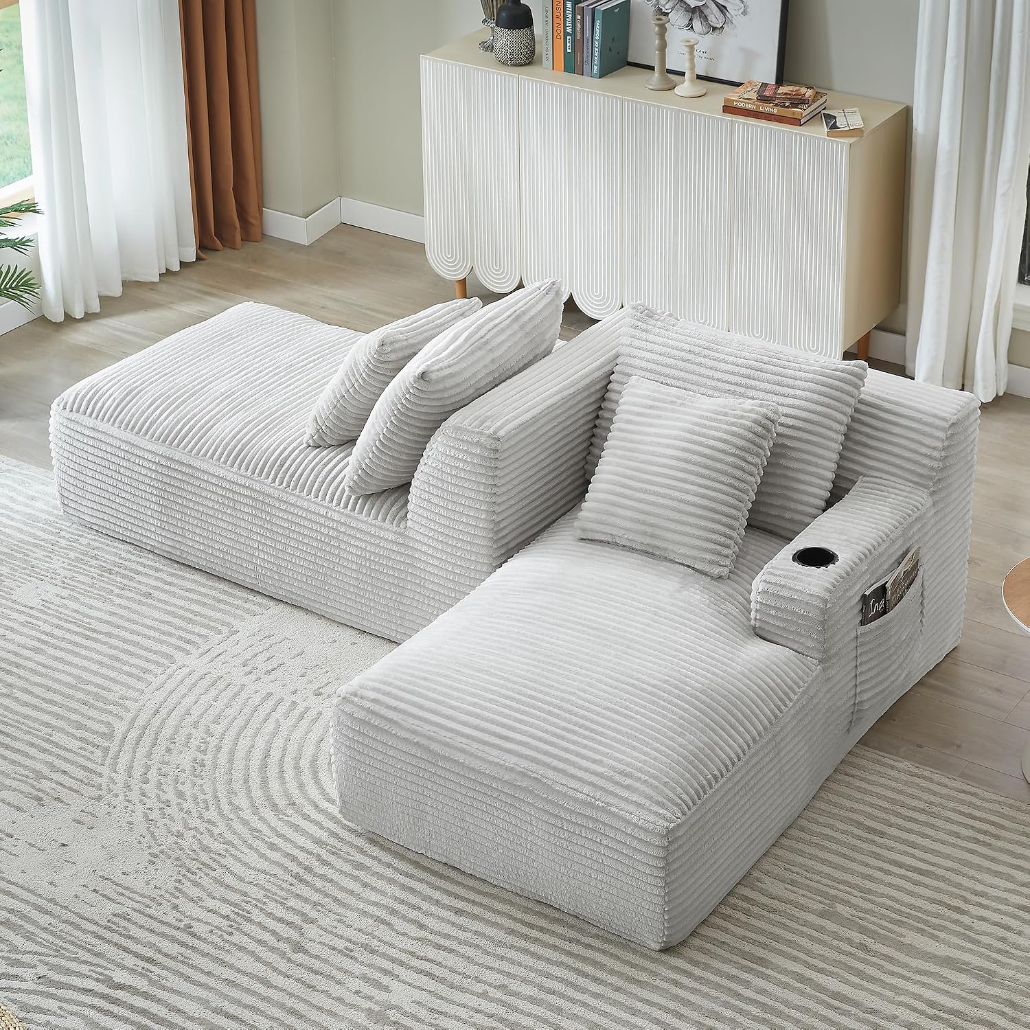71" Oversized Double Chaise Lounge Chair Indoor, Upholstered Boneless Sofa Bed with Deep Seat, Cup Holder, Plush Corduroy Sleeper Couch Reading Chairs for Living Room Bedroom,No Assembly Required