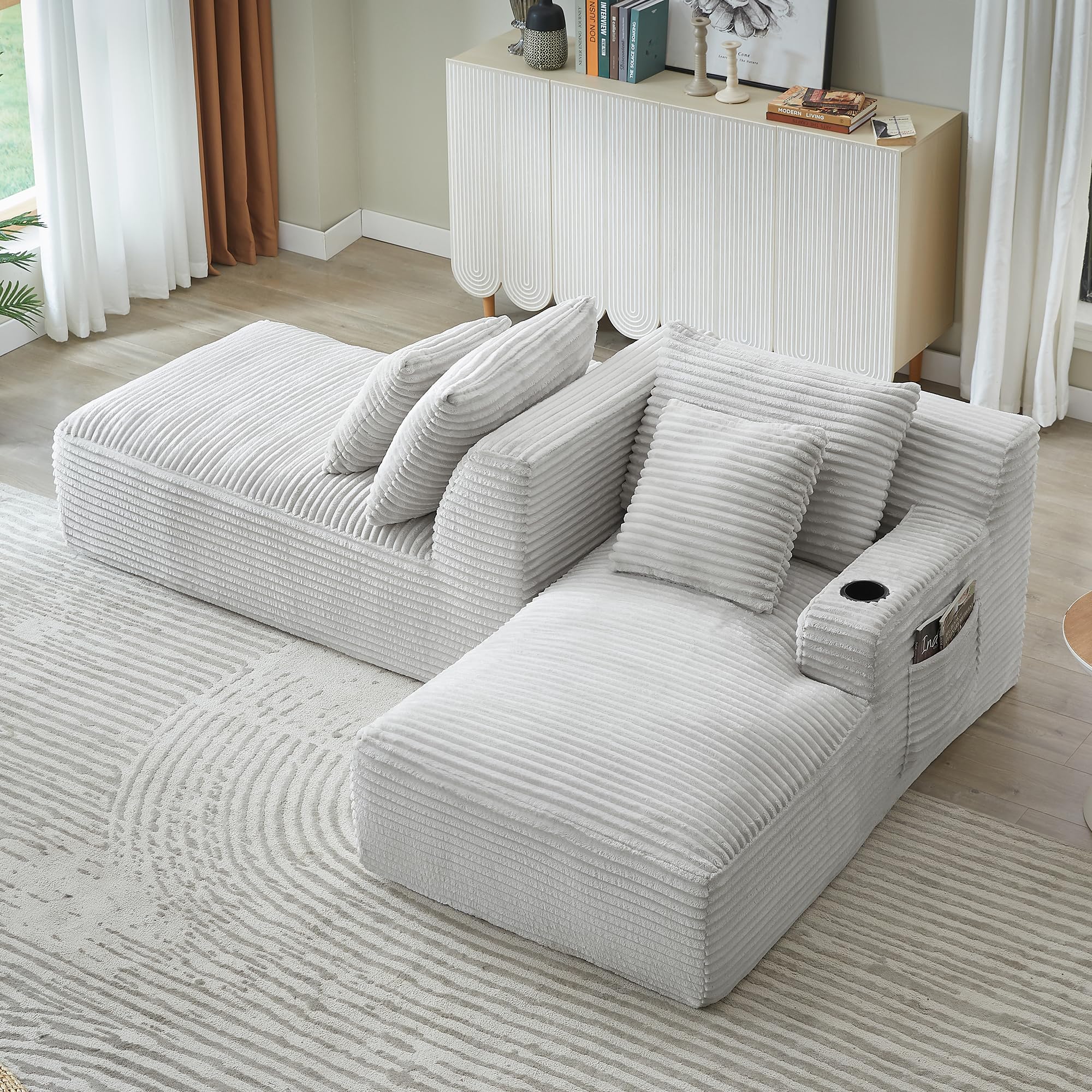 180 cm, ponadwymiarowy podwójny szezlong, sztruksowa, segmentowa sofa z uchwytami na kubki, przytulne poduszki, głębokie siedzisko, wszechstronna sofa do salonu, relaks i komfort