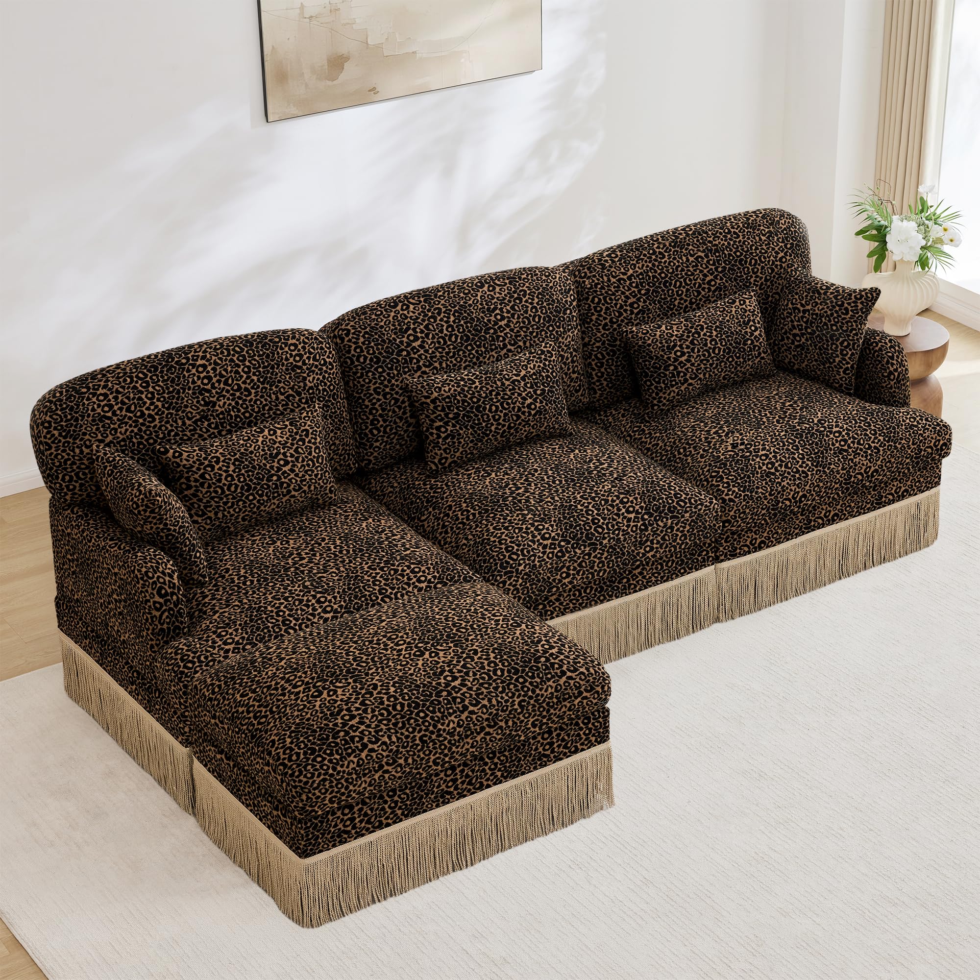 Comfy Chenille Leopard Printing Loveseat 3 4 Seater Sofa Delicate Tassel Edge Movable Ottoman Ergonomic Deep Seat Modular