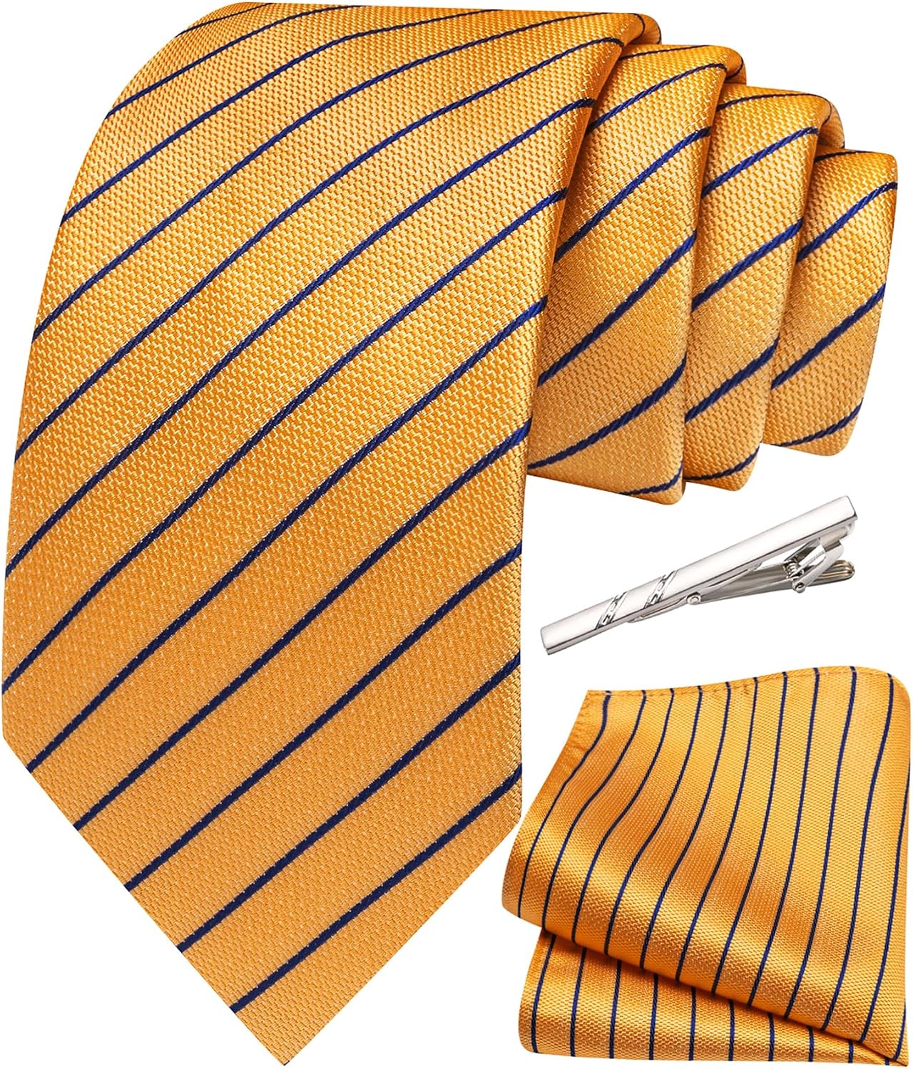 63 inches Extra Long Ties for Big and Tall Men Silk Striped Necktie Pocket Square Tie Clip Set Business Wedding