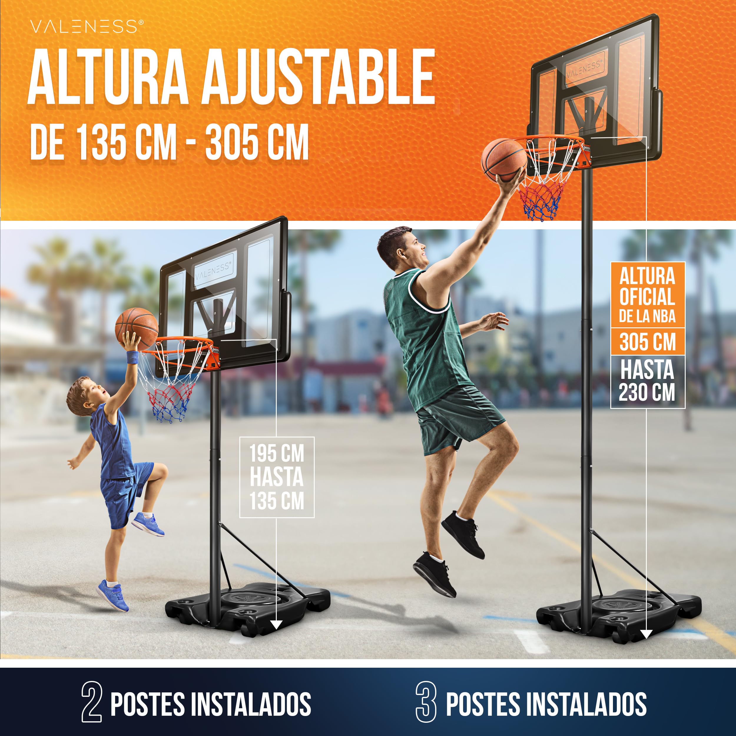 Aro de Baloncesto para Exterior - Soporte Ajustable en Altura [135 a 305 cm] y Resistente a la Intemperie - Aro Profesional con balón y Bomba para niños y Adultos (Profesional 135–305 cm)