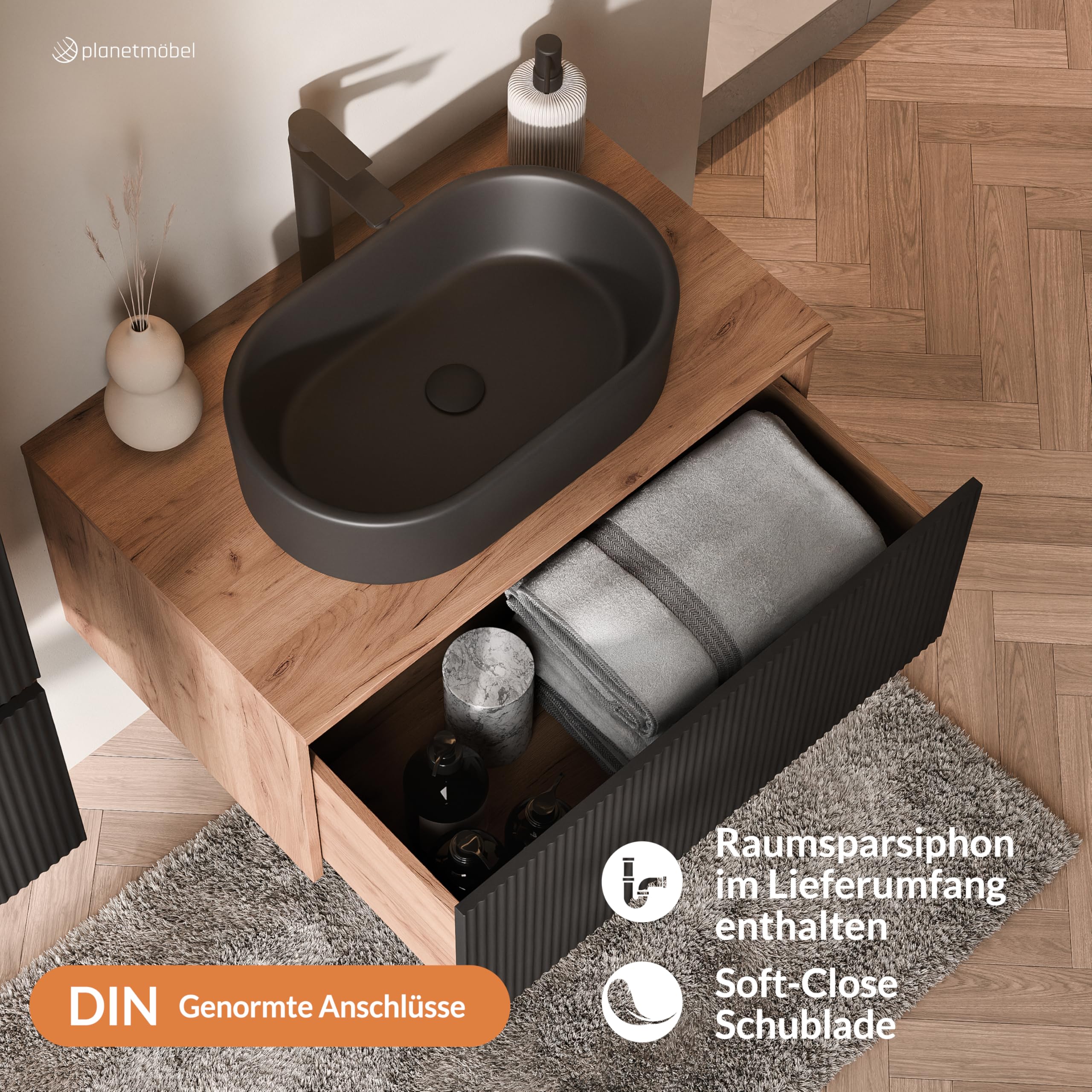 Planetmöbel Arisa Set di mobili da bagno Lavabo con mobiletto sottostante 80 cm Rovere dorato nero (scanalato) con specchio LED, Lavandino 55 cm nero, incl. Sifone salvaspazio