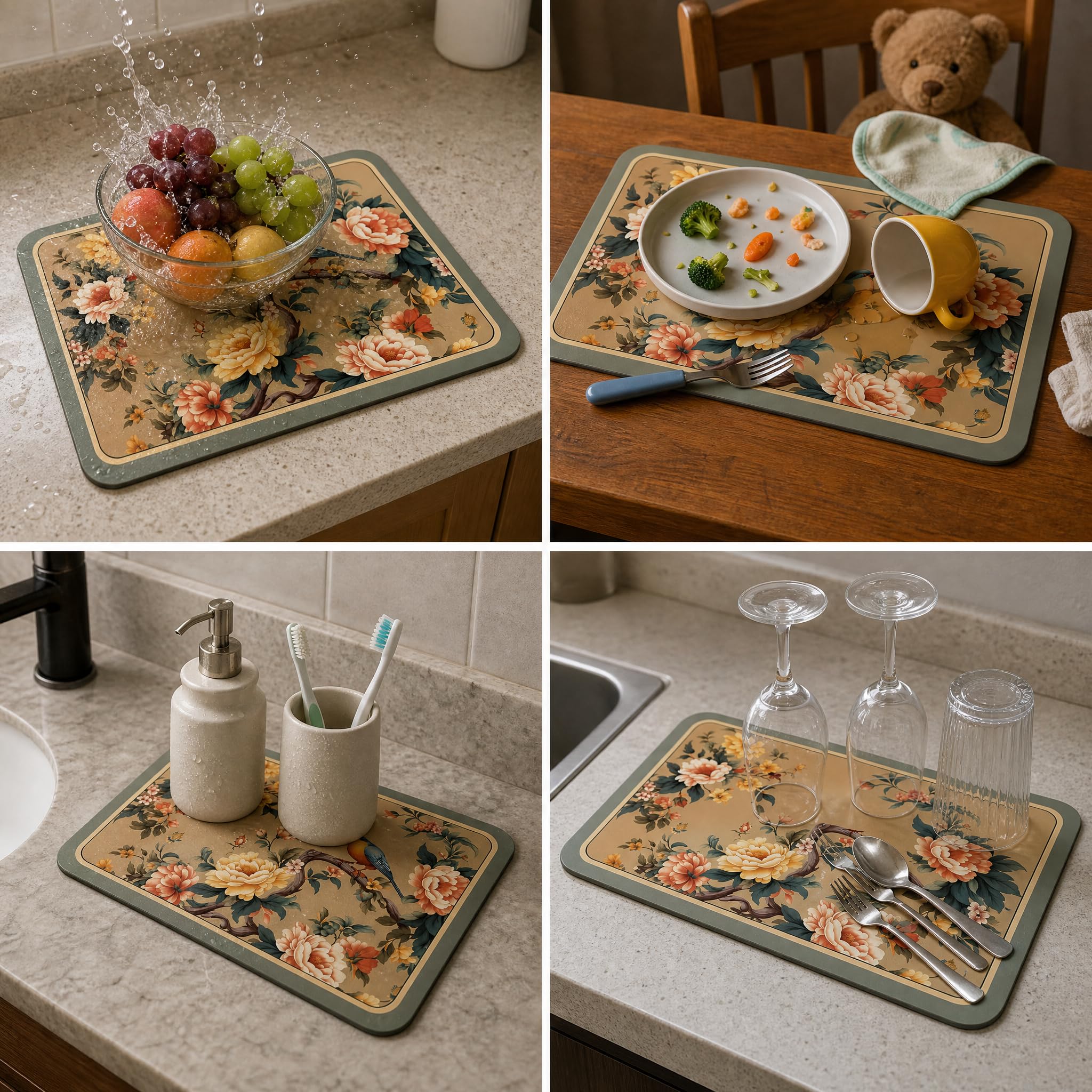 Tapis absorbant antidérapant cuisine , Fleurs & oiseaux-2 , 60x90cm