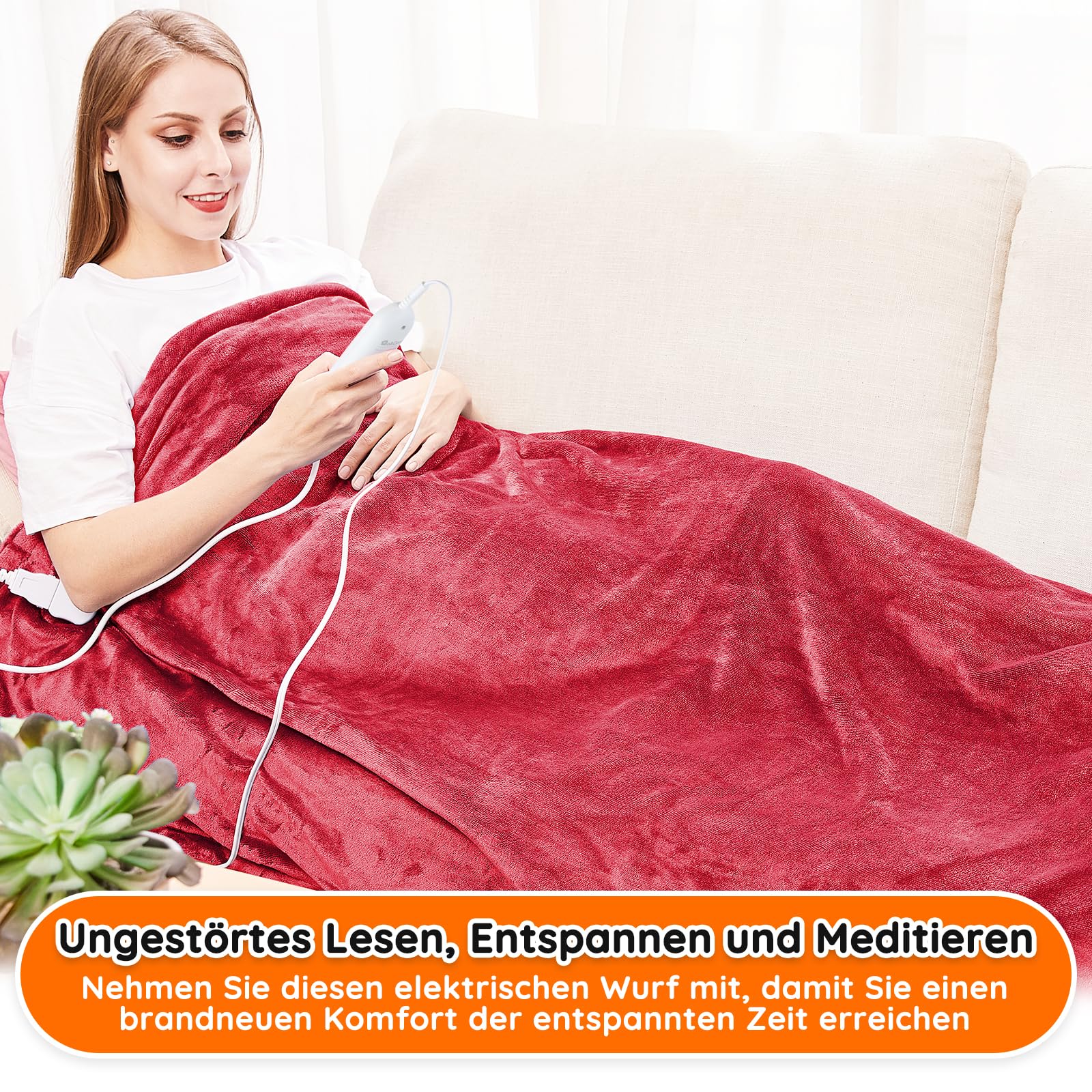 Heizdecke mit Abschaltautomatik, 130x180cm 10 Heizstufen 1~9 Stunden Auto-Off-Timer Überhitzungsschutz, Elektrische Wärmedecke Bett Wärme Decke ETL für Home & Office Schnelle Flanell Waschbar Rot