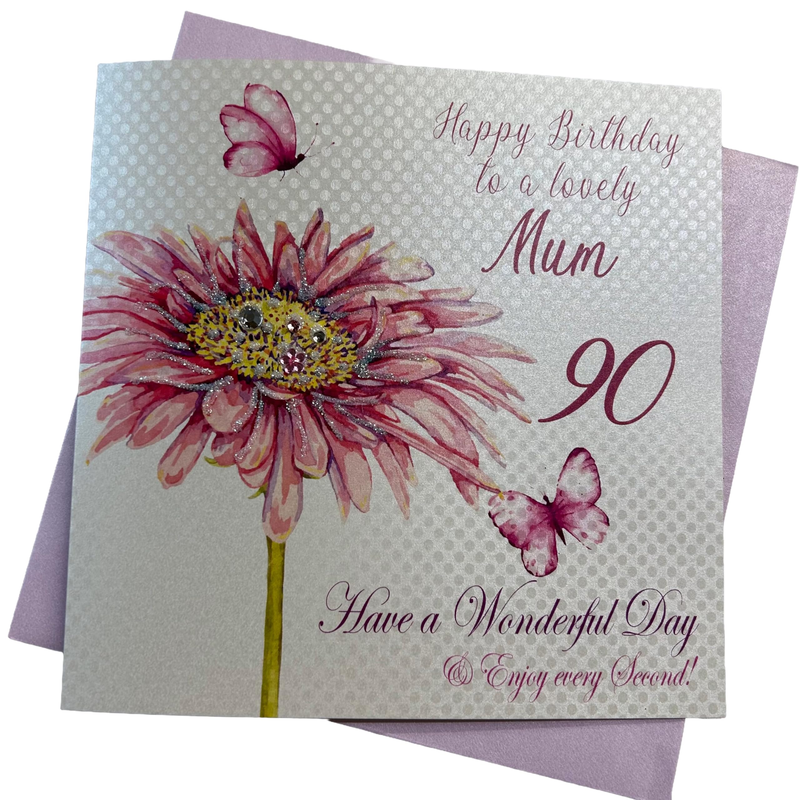 WHITE COTTON CARDS "Pink Gerbera, Happy Birthday 90 Mum Have a Wonderful Day Handmade 90th Birthday Card, White, wba90-mum