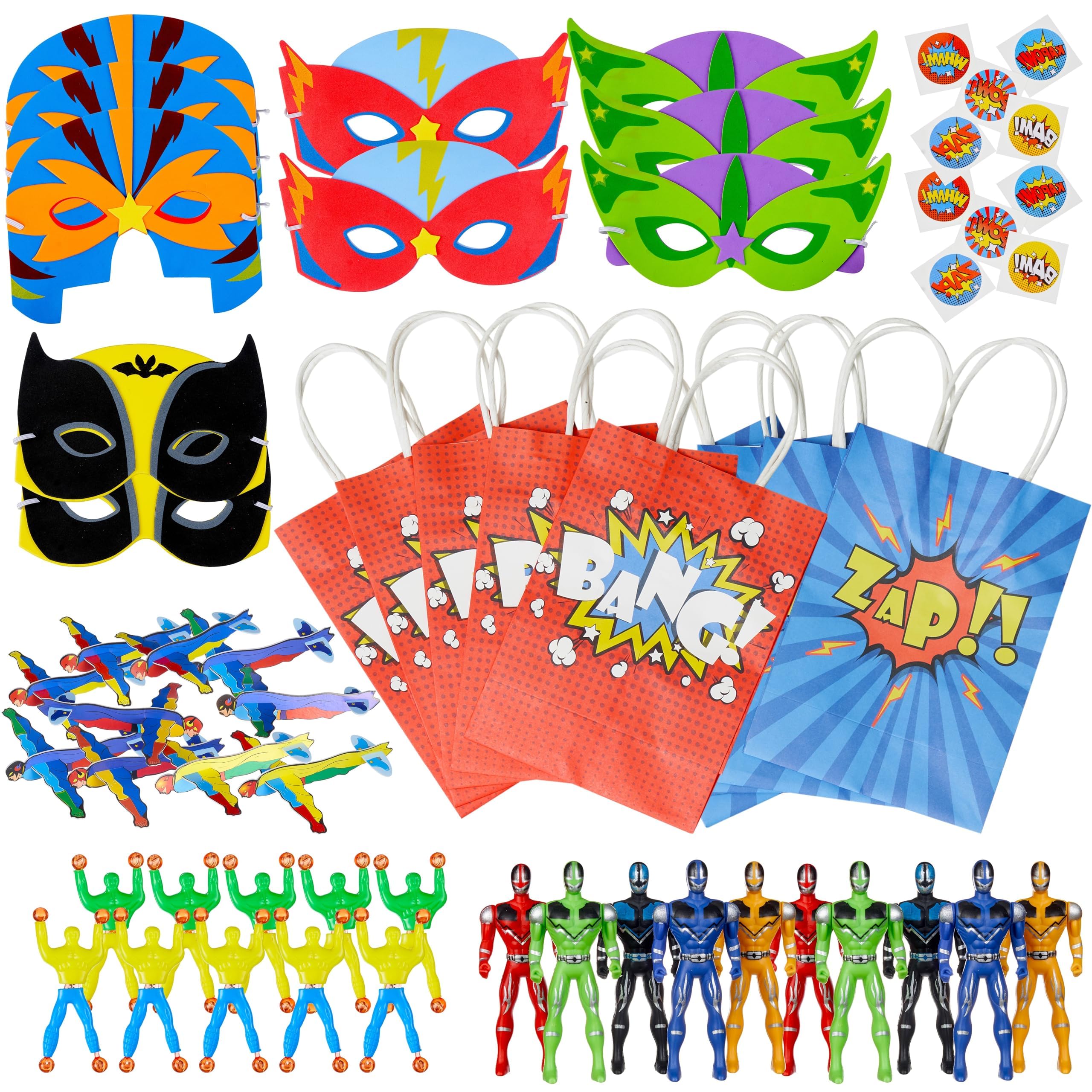 THE TWIDDLERS - 120 Piece Superhero Pre-Filled Party Bags, Hero Themed Gift Toy Loot Bags with Action Figures, Masks, Tattoo Stickers for Kids Birthday