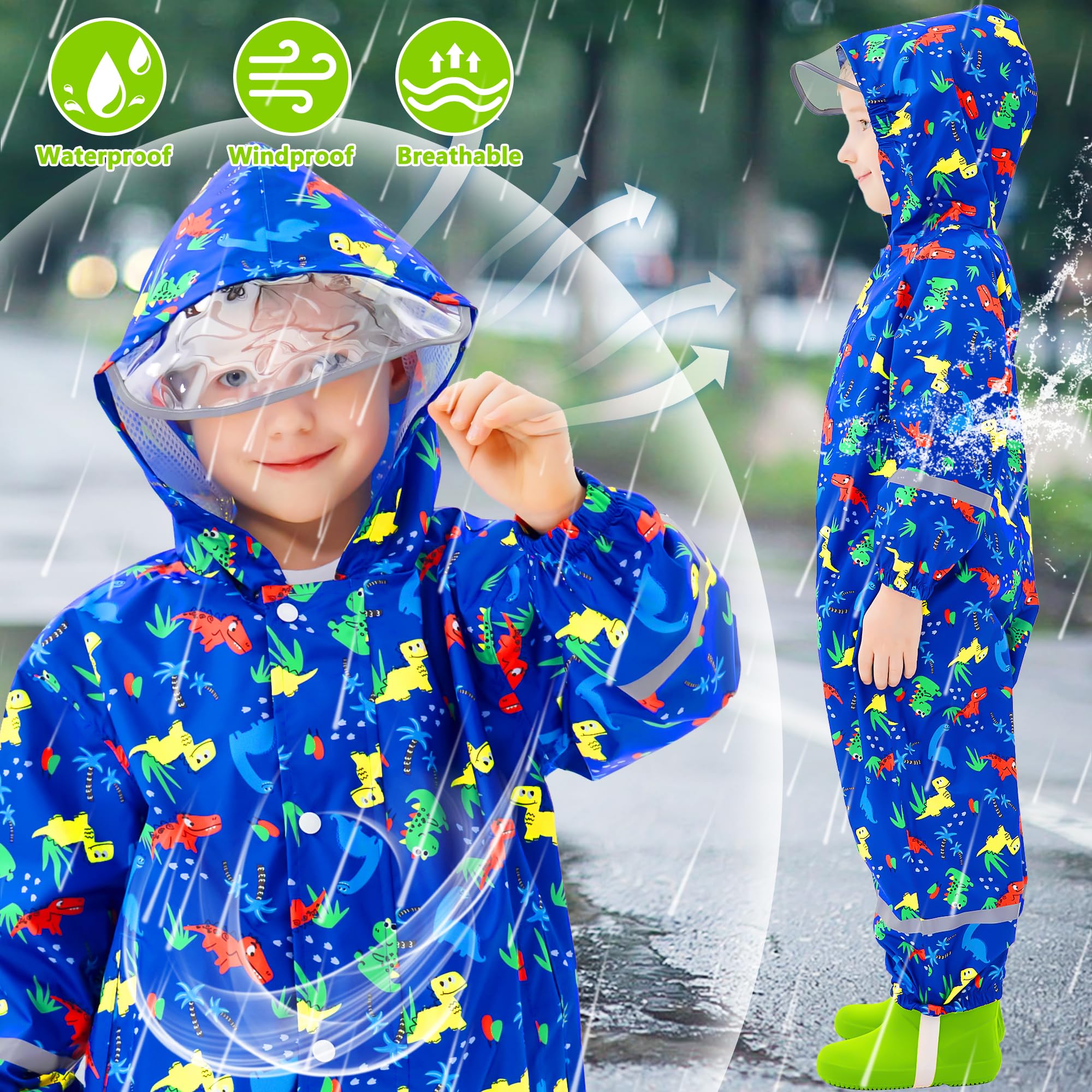 Regenmantel Kinder Jungen Regenanzug Atmungsaktiv Wasserdicht Kapuze Einteilig Leicht Matschanzug Outdoor Overall Regenjack für Kleinkind Baby 1-9 Jahre