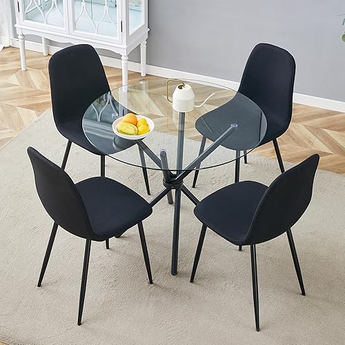 Juego de mesa de comedor de cristal para mesa de comedor redonda de 4,36.6 pulgadas con sillas de comedor de tela, moderna mesa de comedor con patas