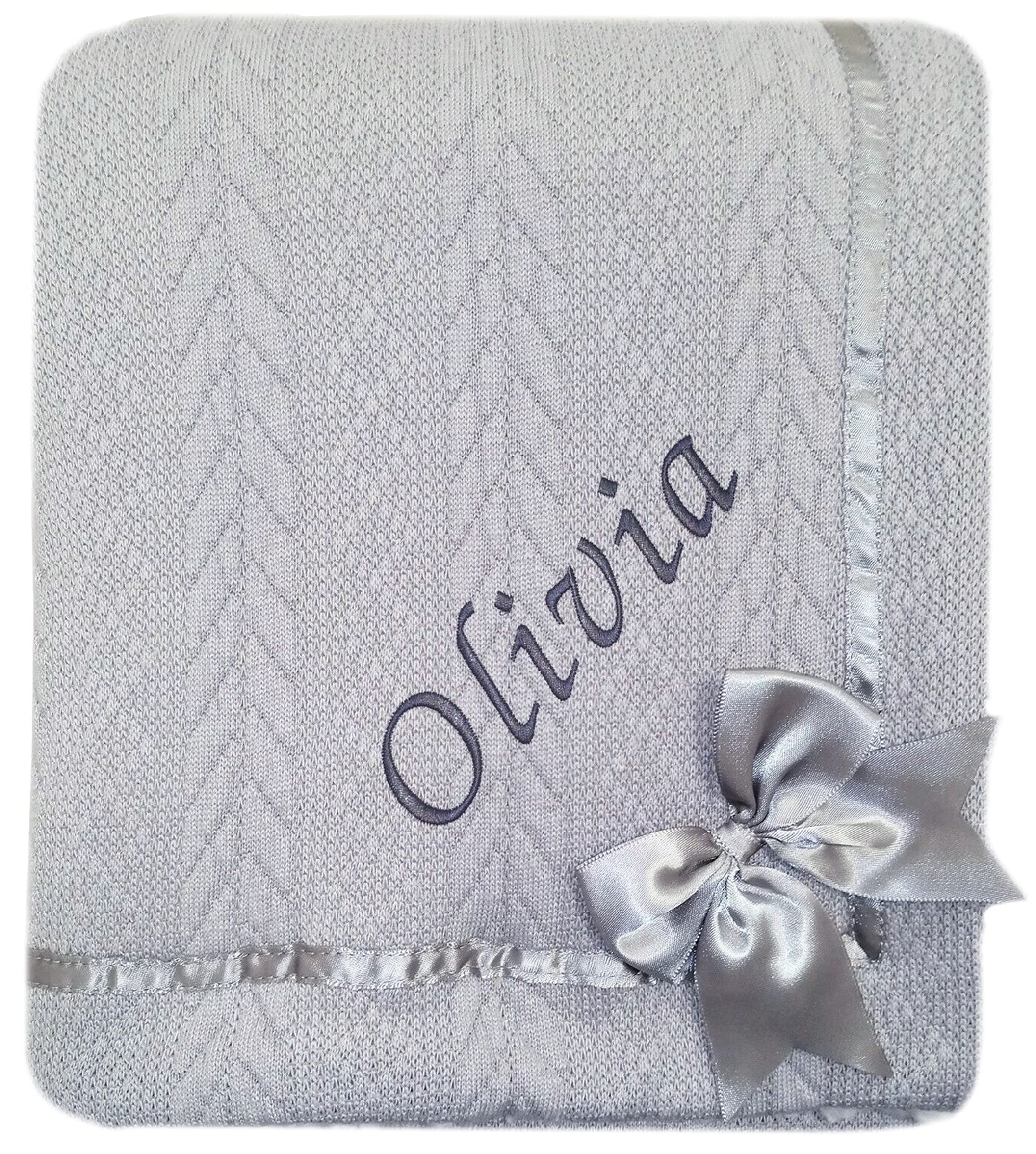 The Baby Box Uk Men's Grey Baby Boy Girl Personalised Knitted Bow Blanket Embroidered Name (Grey)
