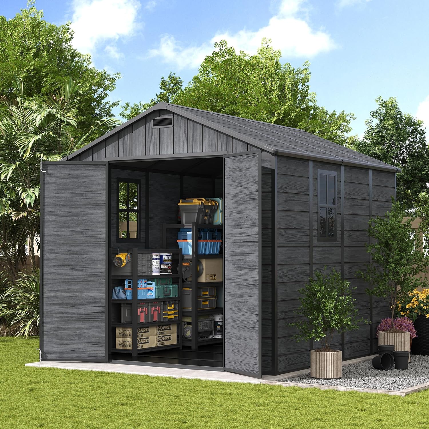 UDPATIO 8 x 8 FT Resin Storage Shed, Plastic Outdoor Storage Shed Clearance Sheds with Floor Included Solitude Cottage Shed She Sheds Garden Tool Shed with Lockable Door for Backyard, Patio, Dark Grey