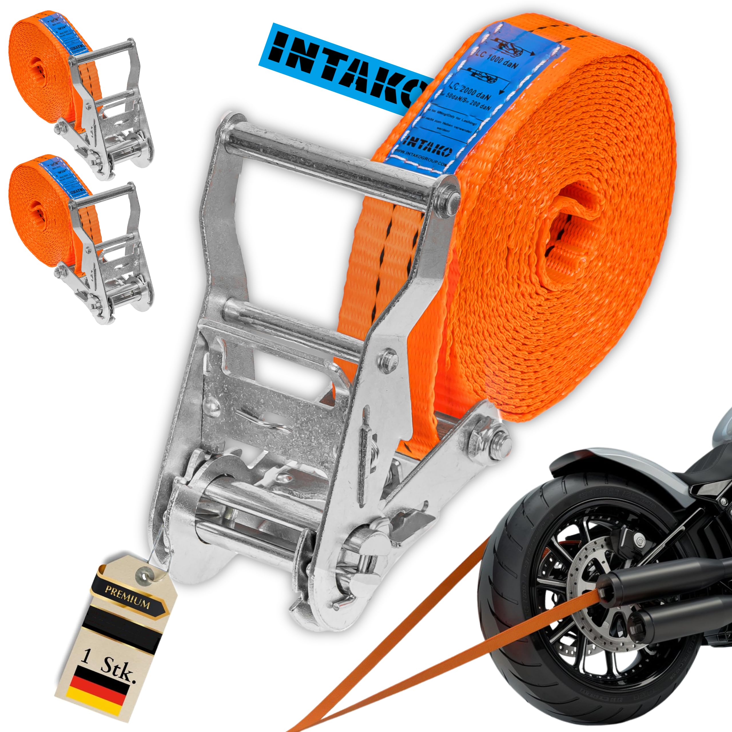 INTAKO Sangle à Cliquet 6m 35mm - Sangles d'arrimage avec Crochet de Sécurité 2000 kg - Sangle d'Arrimage avec Tendeur (Orange, 6m (Lot de 2))