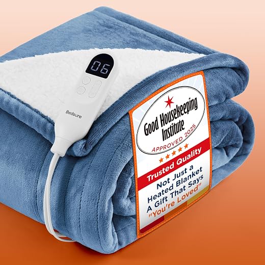 Bedsure Electric Blanket Heated Throw - Flannel, 130x160cm, Navy Blue | Soft flannel with 6 heat settings and 10-hour timer with fast heating and overheat protection