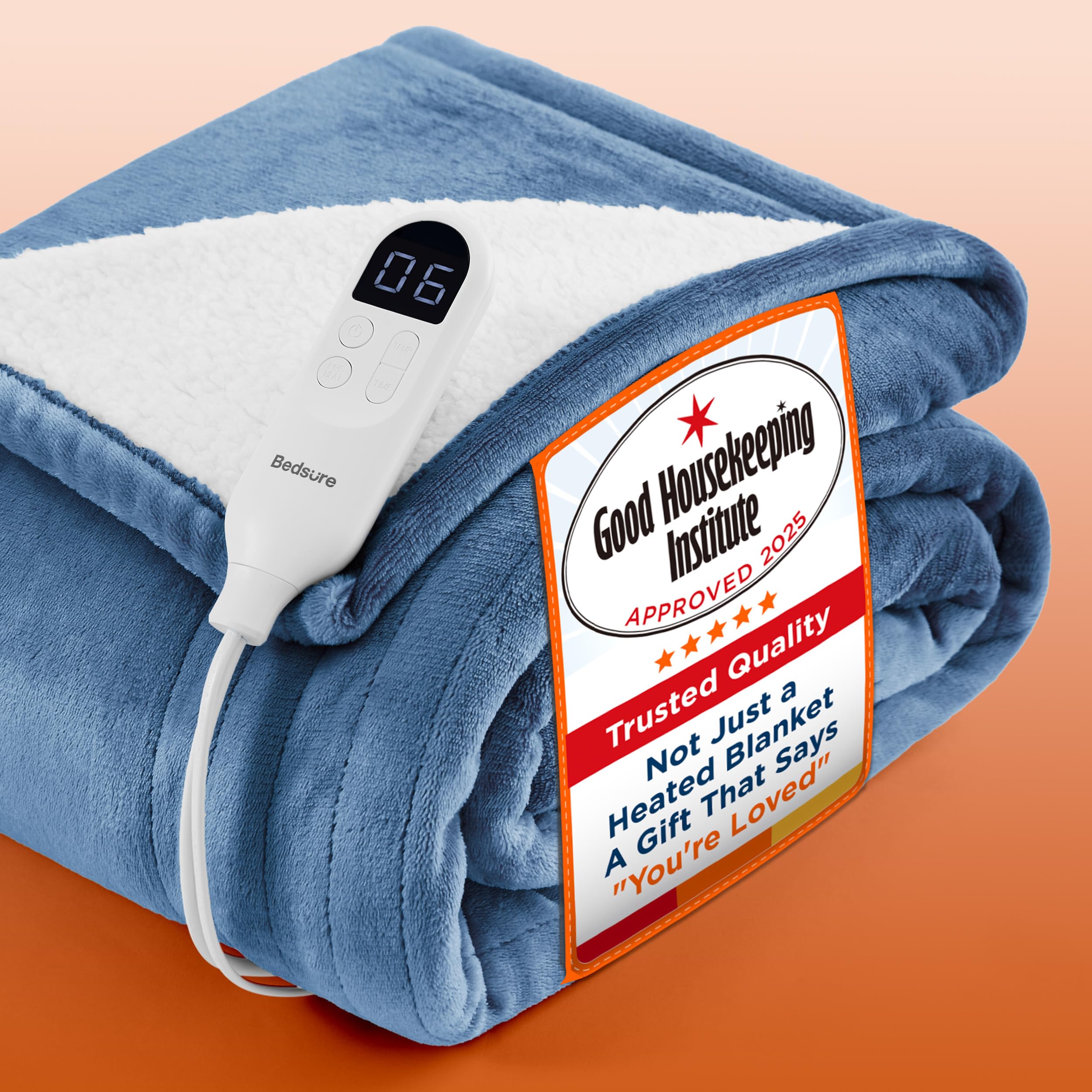 Bedsure Couverture électrique chauffante – 6 niveaux de chaleur et 10 réglages de minuterie – Flanelle ultra douce et sherpa – Protection contre la surchauffe – 130 x 160 cm – Bleu marine