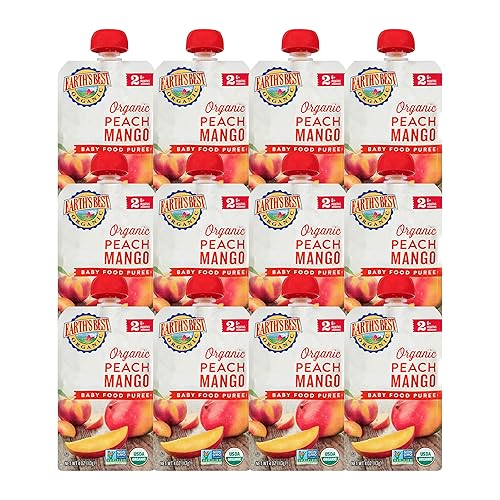Earth's Best Bolsas de comida orgánica para bebés, puré de frutas etapa 2 para bebés de 6 meses en adelante, puré orgánico de melocotón y mango,