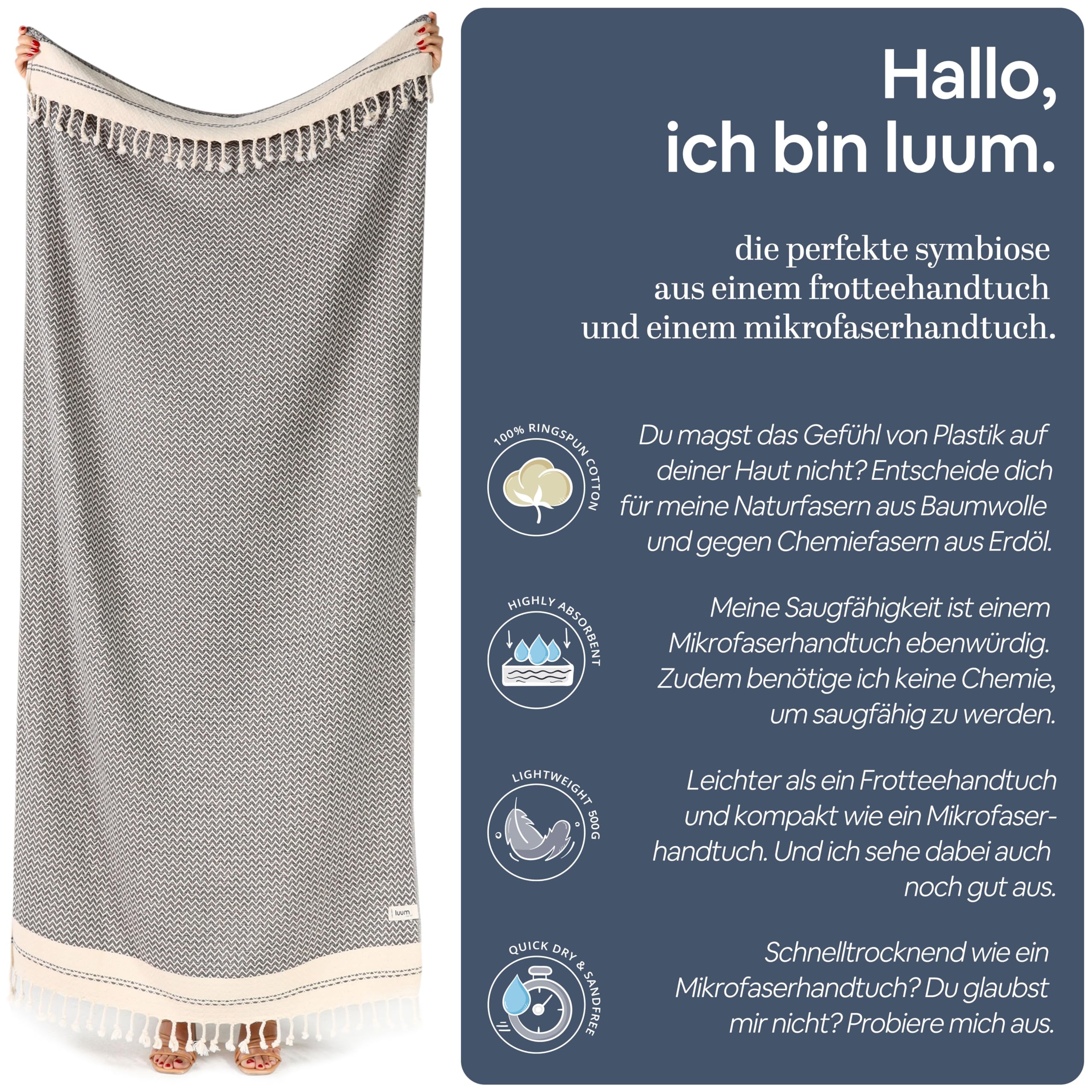 Luum® Grande serviette de plage 100x200 cm, serviette de hammam, serviette de sauna, serviette de bain, serviette de yoga, serviette de plage, serviette de voyage, 100 % coton, bleu clair