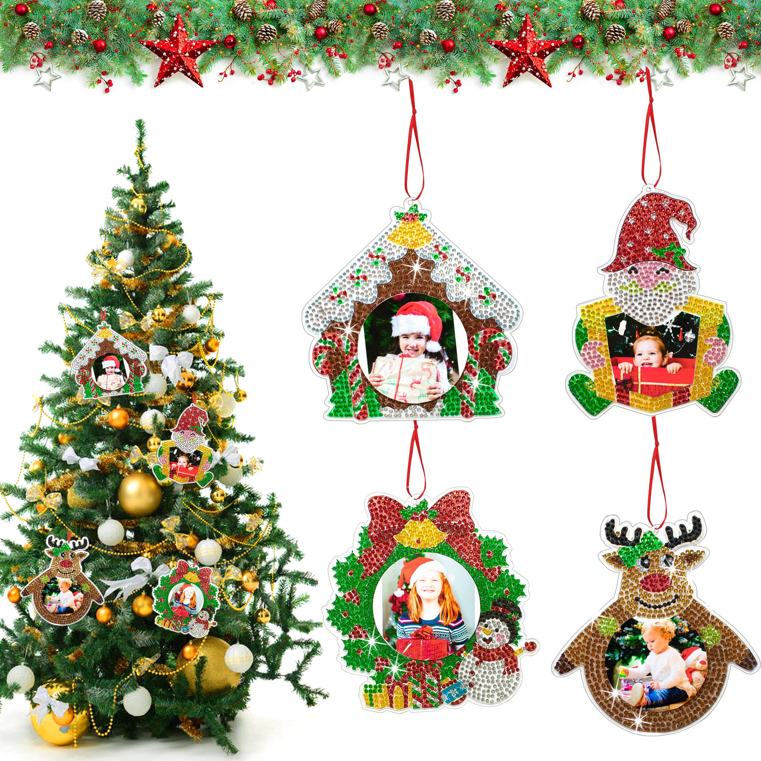 Christmas Photo Frame 4PCS WOWDECOR Hanging Xmas Photo Frame Photo Ornament Small Picture Frame Decoration for Kids Holiday Home Christmas Tree Decoration (reindeer)