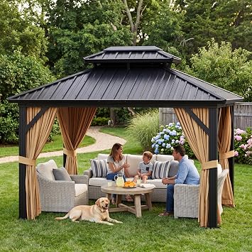 10 x 10 Hardtop Gazebo, Galvanized Steel Double Roof with Curtains & Netting Sturdy Aluminum Frame Outdoor Patio Gazebo for Garden, Lawn, Deck and Backyard