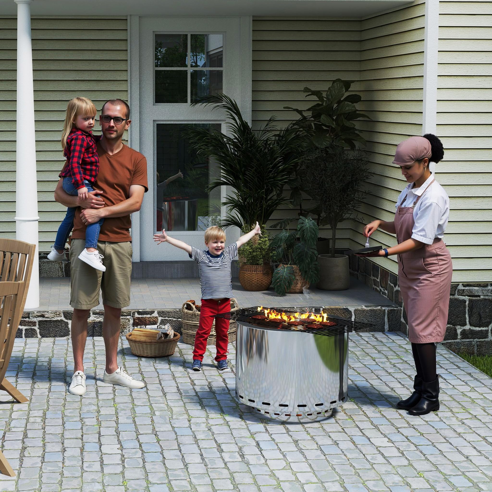 LZQ Feuerschale Edelstahl 49cm Raucharm Garten Feuerstelle Outdoor Kamin Holzofen Feuerkorb Gartenkamin Holzvergaser Ofen mit Tasche, Rund Feuertonne Campingkocher Tragbar Für Terrasse Camping BBQ