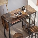 Bestier Bar Table and Chair Set, Industrial Expandable Dining Table with 2 Bar Stools, Kitchen Counter with Wine Rack & 3 Tier Adjustable Storage Shelves Rustic Brown