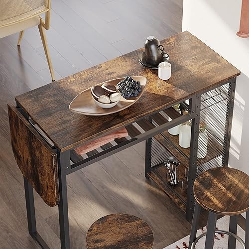 Miniatura 2 de Juego de mesa de bar y sillas Bestier, mesa de comedor expandible con 2 taburetes de bar, encimera de cocina industrial con estante para vino y