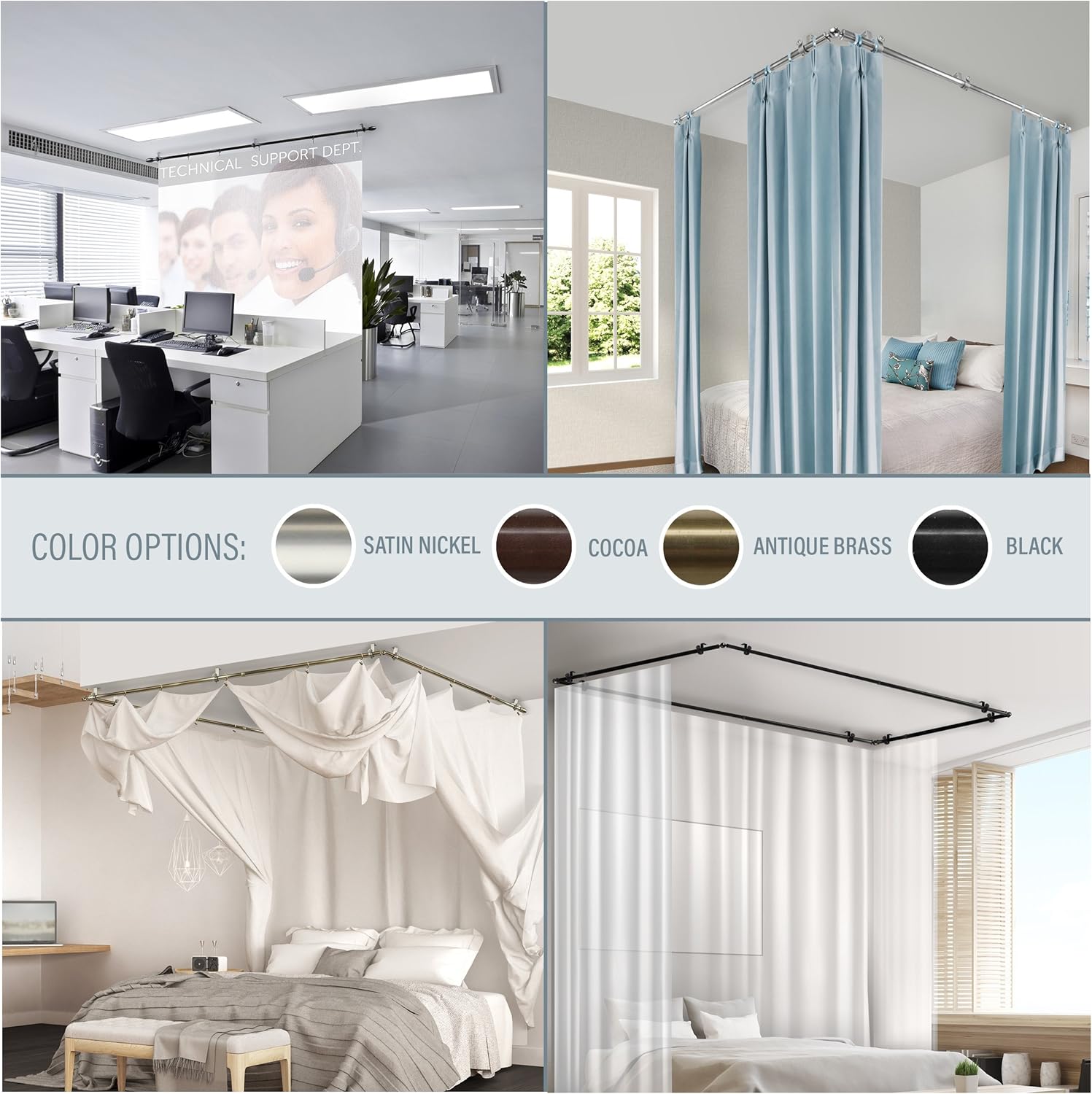 A&F Rod Décor - Caleb Multi-angle Room Divider/Bedroom Canopy/Ceiling Rod Adjustable 48-84 inch Three Sided - Black