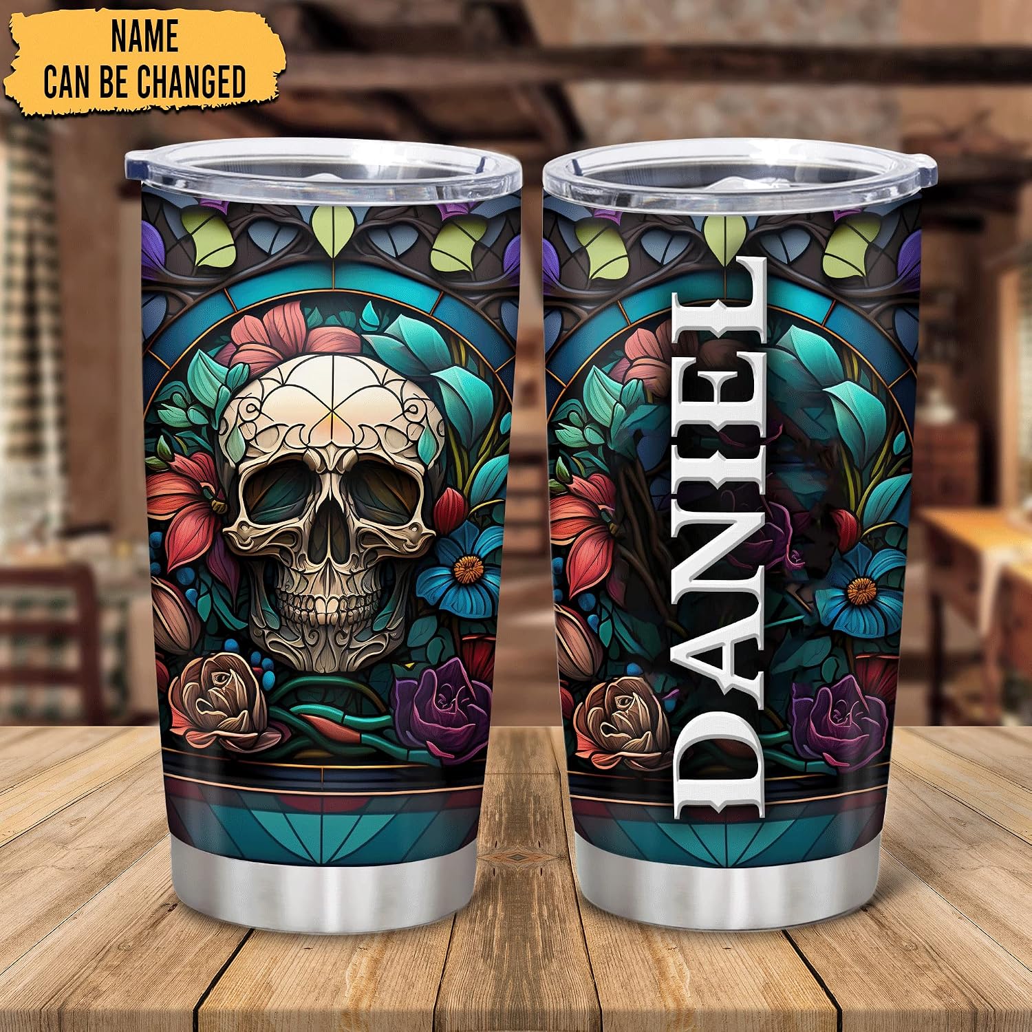 Hyturtle Personalized Skull Tumbler with Custom Name - 20oz & 30oz, Floral Skull Travel Coffee Mug, Stained Glass Design