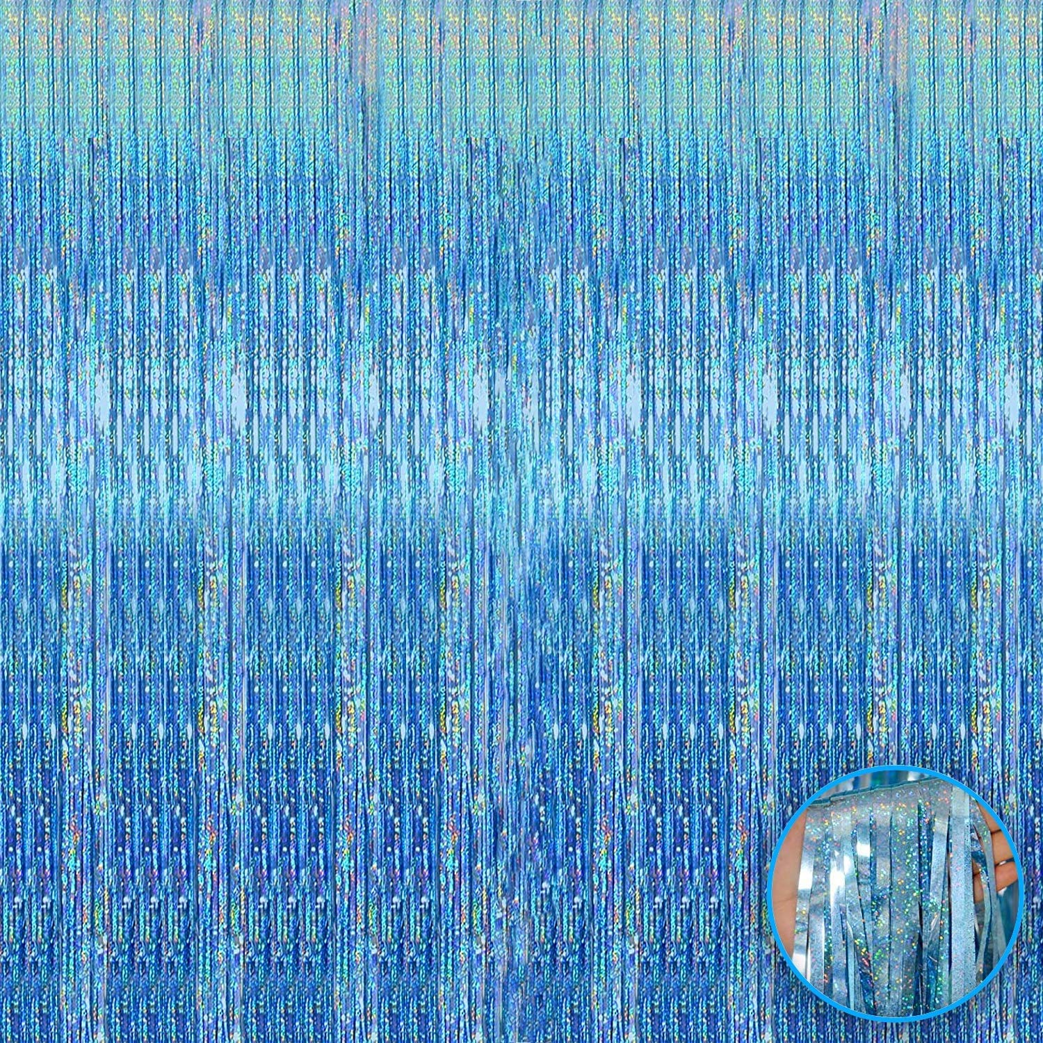 XtraLarge Iridescent Blue Fringe Curtain Set - 3.2x8 Feet, Pack of 1 | Metallic Light Blue Foil Fringe Curtains for Blue Party Decorations | Blue Tinsel Backdrop for Birthday Baby Shower,Sea Party