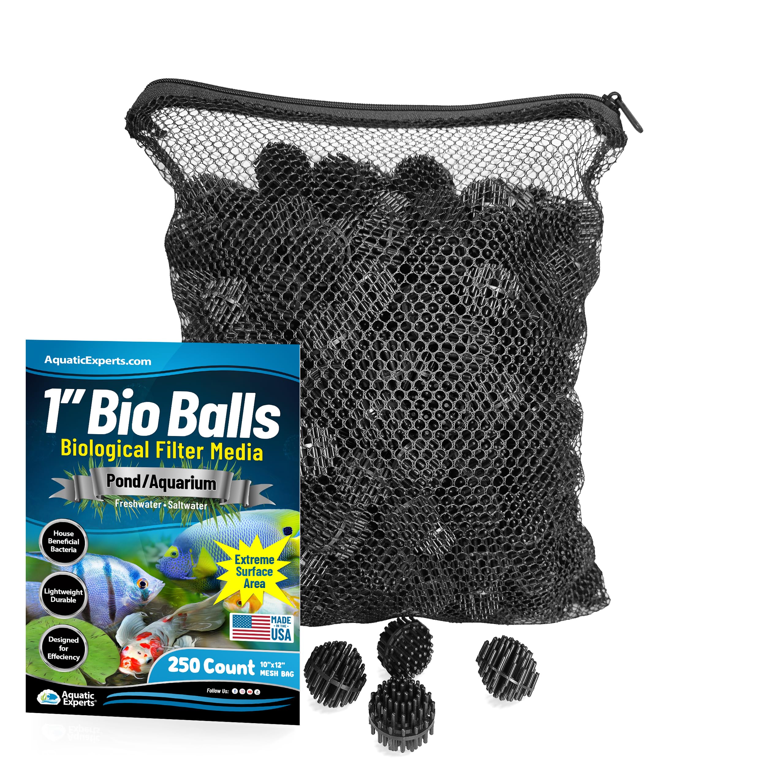 Aquatic Experts Bio Balls Filter Media, 1 Inch Small Bio Ball for Ponds and Aquarium Filters, Perfect Aquarium Filter Media, Made in The USA, (250 Count with Mesh Bag)