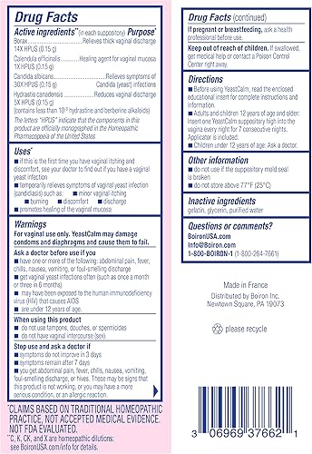 Vista 10 de Boiron Supositorios homeopáticos YeastCalm para infecciones por hongos, ardor, secreción y picazón vaginal menor, 7