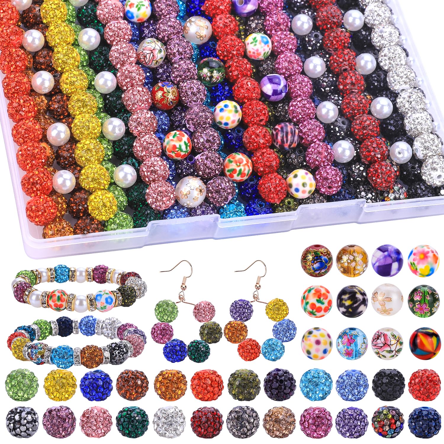 AIPRIDY Jewelry Making Beads Set, 590 PCS 10mm Round Mixed Color Rhinestone Clay Beads with Pearl and Floral Beads for DIY Bracelets, Necklaces