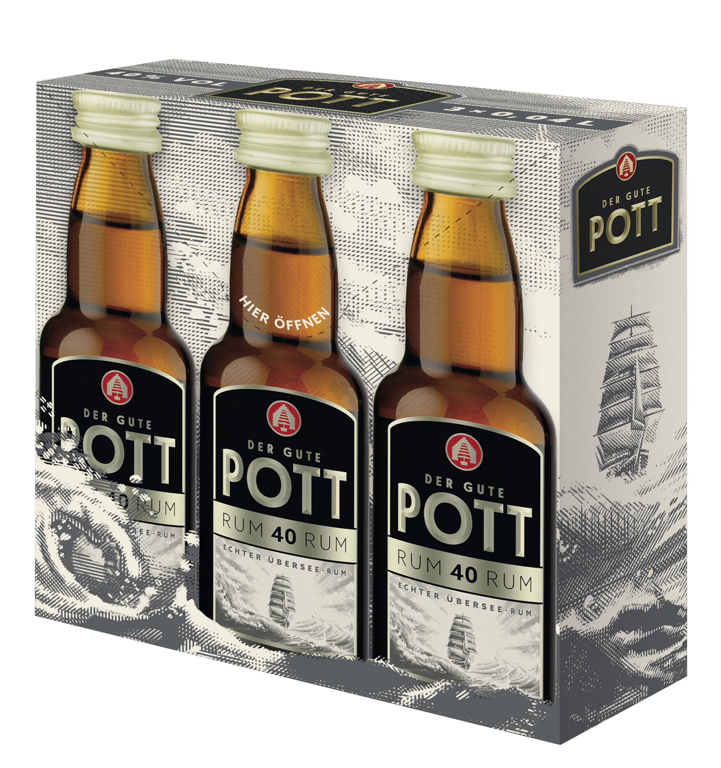 POTT Rum 40% vol. (10 x 3 x 0,04 l) - feiner, edler Übersee-Rum; in der Kleinflasche ideal für Unterwegs, zum Backen, In Glühwein, als Basis für Cocktails oder sogar im Adventskalender