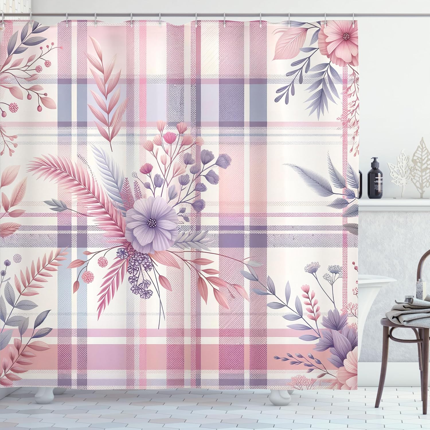 Ambesonne Pastel Plaid Shower Curtain, Vintage Floral Motif in Romantic Soft Colors Nostalgic Tartan Stripes, Cloth Fabric Bathroom Decor Set with Hooks, 69" W x 70" L, Lilac and Pale Pink