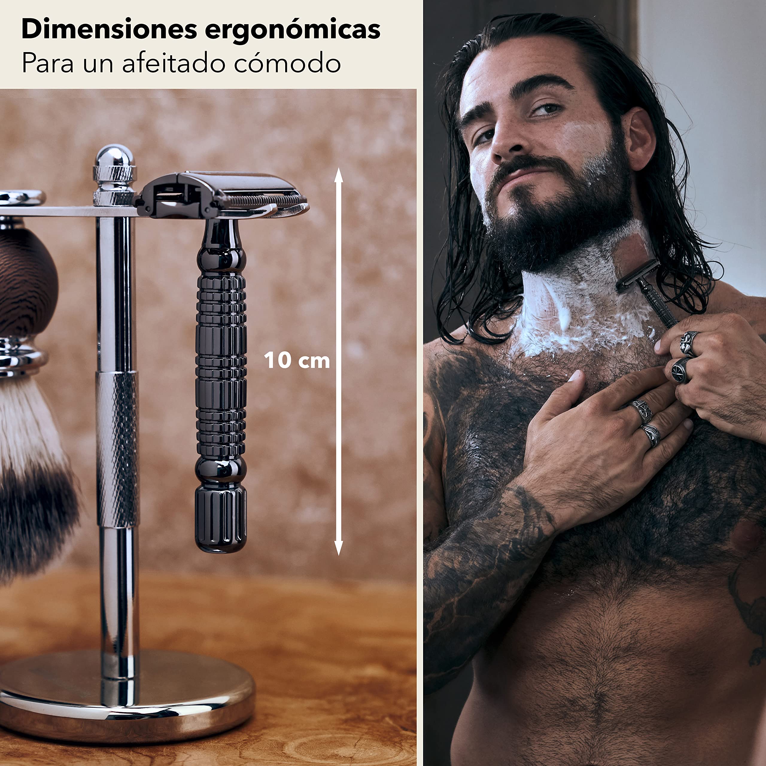 Maquinilla de afeitar clásica en estuche de cuero hecho a mano [+ 10 hojas Störtebekker] - Cuchilla de afeitar de primera calidad - Set de afeitado con espejo integrado (Negro - Negro)