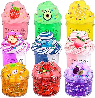9 Pack Scented Slime Kit,with 3 Butter 3 Jelly Cube Crunchy and 3 Cloud Slime,Axolotl Watermelon Strawberry Apple Fruit Theme,Toys Kit Xmas Gifts for Classroom Rewards Teens Girls