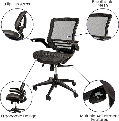 Miniatura 4 de Flash Furniture Warfield Silla de oficina giratoria ejecutiva de malla negra transparente con marco negro y brazos abatibles Malla negra/marco