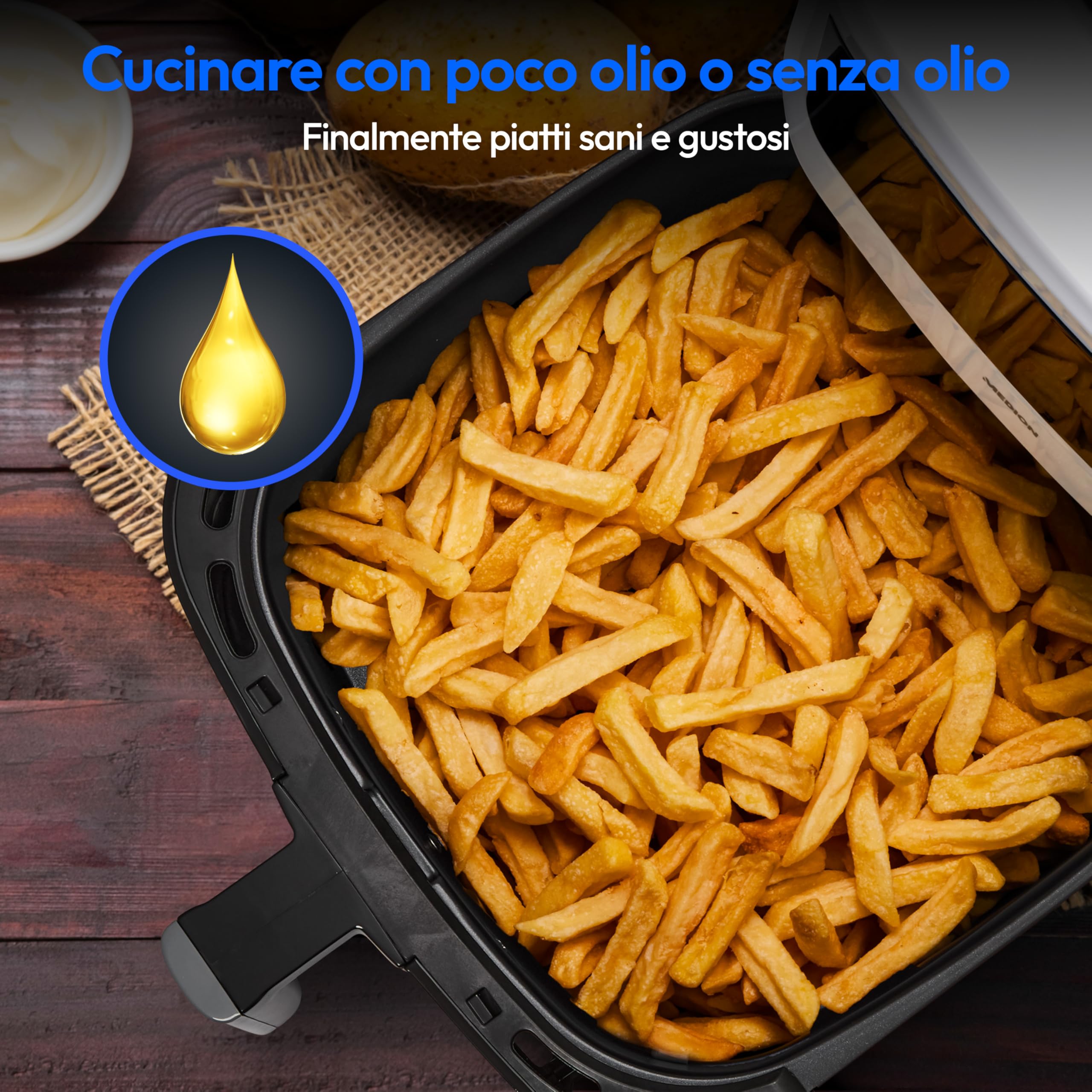 MEDION Friggitrice ad aria calda P10 XL (cestello XXL da 6,8 litri, 2.150 watt, due elementi riscaldanti in acciaio inox, 9 programmi automatici, pannello operativo touch, indicatore LED)