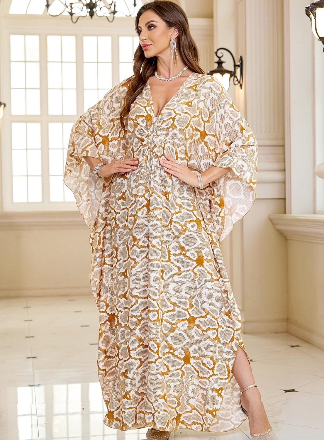 Women Kaftan Dresses Plus Size V-Neck Batwing Sleeves Beach Cover Up 2025 Summer Floral Print Caftan Dress - Image 5