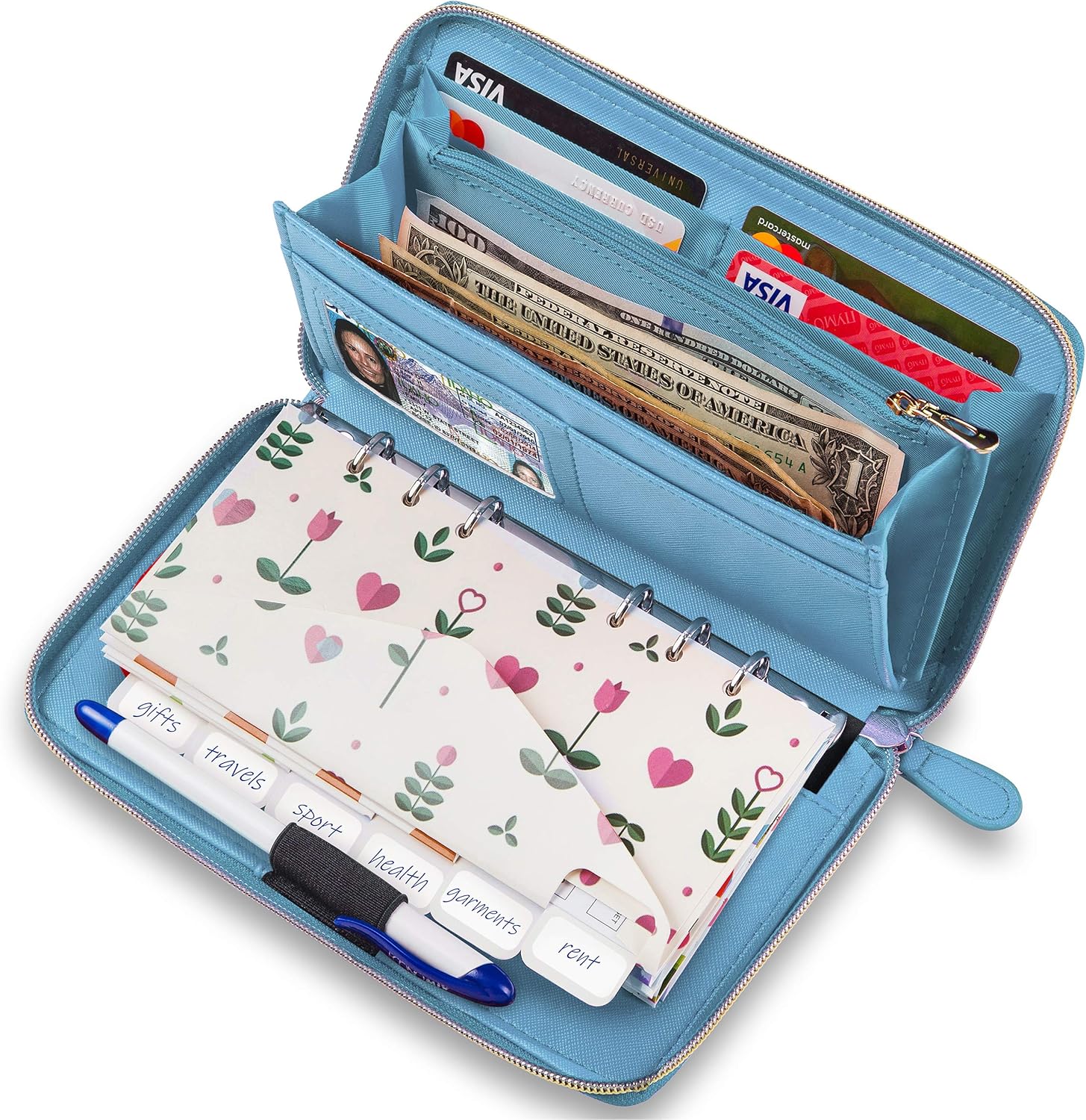 Cash Envelope Wallet Azure All in One Budget System with 12x Tabbed Cash Envelopes , 12x Monthly Budget Cards ,1x Yearly budget planner sheet Complete Money Organizer Set for Cash : Office Products