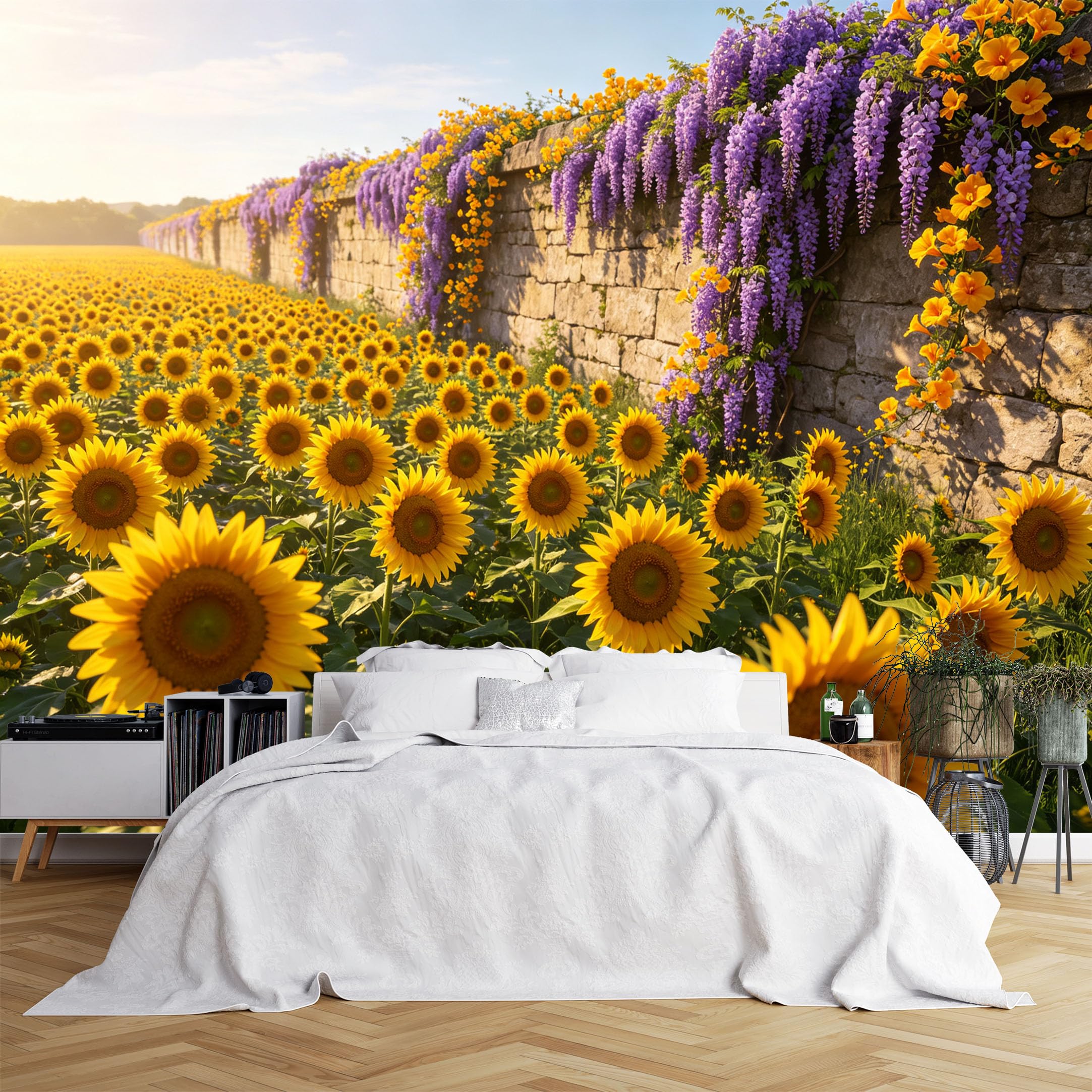 Lcythiazole Ch260615192 Custom Size Wall Murals Sunflower Wisteria Stone Wall Floral Vivid Self-Adhesive Wall Fabric (No Pvc) Removable Wallpaper For Living Room Patio