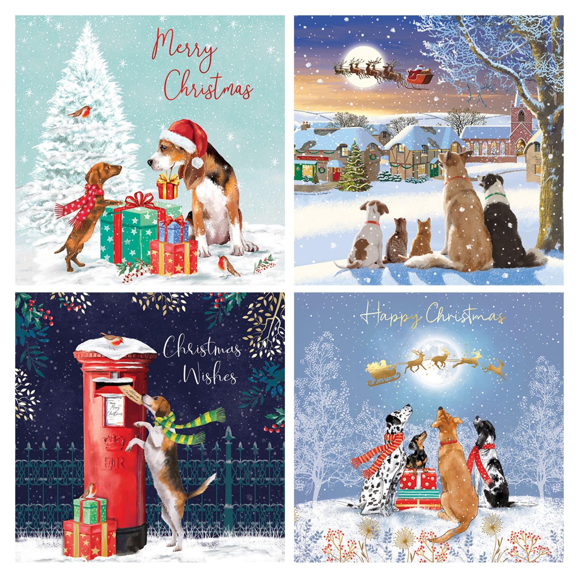 Noel Tatt Charity Christmas Cards Pack of 16 - Festive Dogs in the Snow - Assorted Premium Greeting Cards Multipack with Envelopes - 4 Each of 4 Designs - Supporting UK Charities
