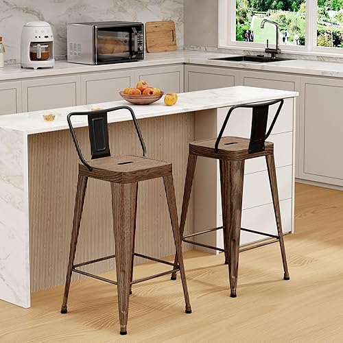 Miniatura 9 de Juego de 4 taburetes de bar de metal para interiores y exteriores, sillas de bar con respaldo de 24 pulgadas de altura de mostrador para cocina,