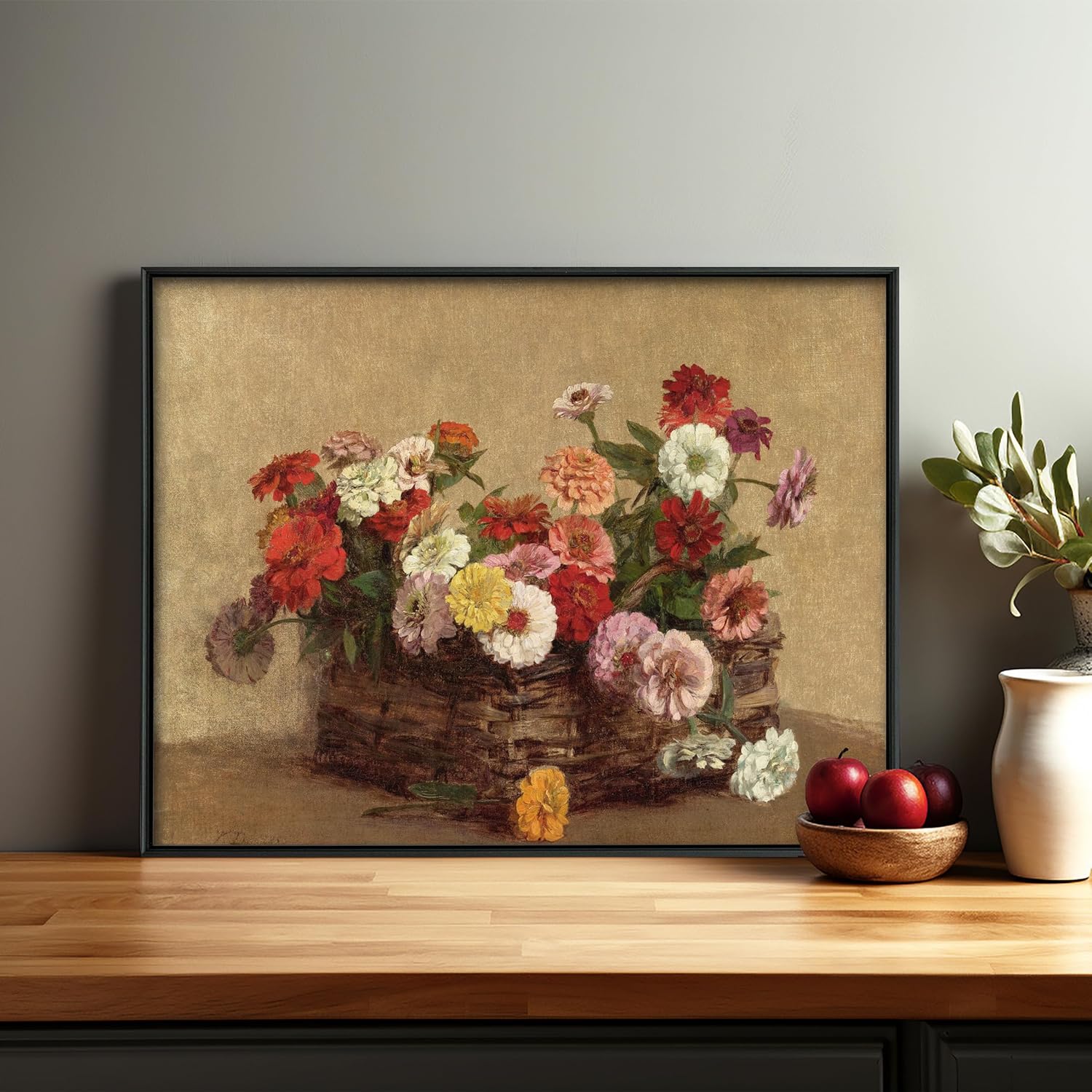 CLOUD NINE PRINTS | Zinnias in a Basket, Vintage Rustic Still Life Print - Summer Farmhouse Wall Art, Garden Flower Decor, Gathered Country Bouquet Art (Unframed 11x14 Print)
