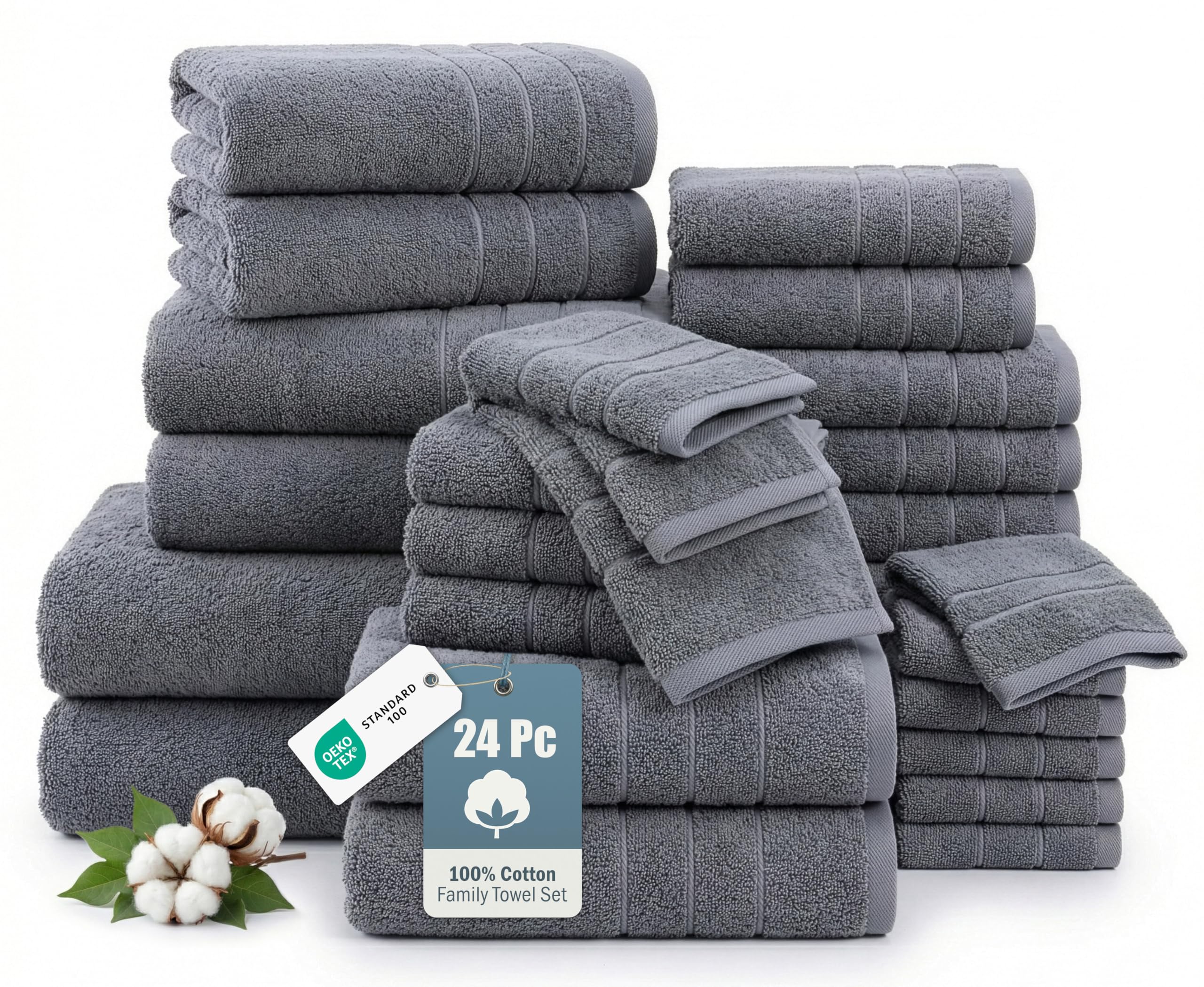 Set di asciugamani da bagno di alta qualità, 24 pezzi, 100% cotone, 2 teli da bagno, 2 asciugamani da palestra, 2 da bagno, 4 dita, 6 mani, 8 salviette, design di qualità alberghiera e spa, morbidi