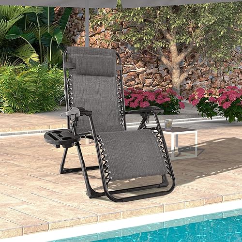 Miniatura 9 de Giantex Silla Zero Gravity con cojines de patio, silla reclinable plegable ajustable con almohada y soporte para tazas, sillón reclinable de césped