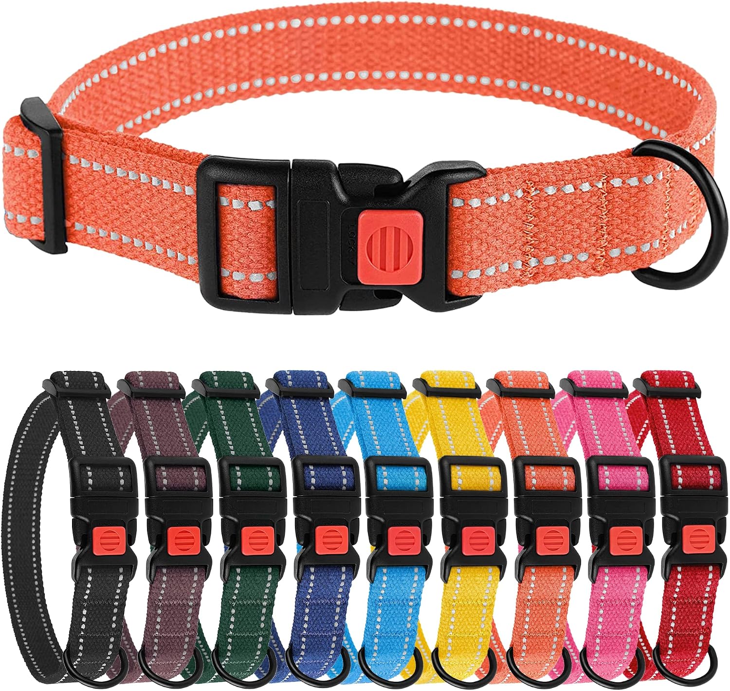 BRONZEDOG Reflective Dog Collar Basic Natural Cotton Adjustable Buckle Safety Comfort Collars for Small Medium Large Dogs Puppy Black Red Blue Orange Pink (L, Neck Fit - 14"-20", Orange)