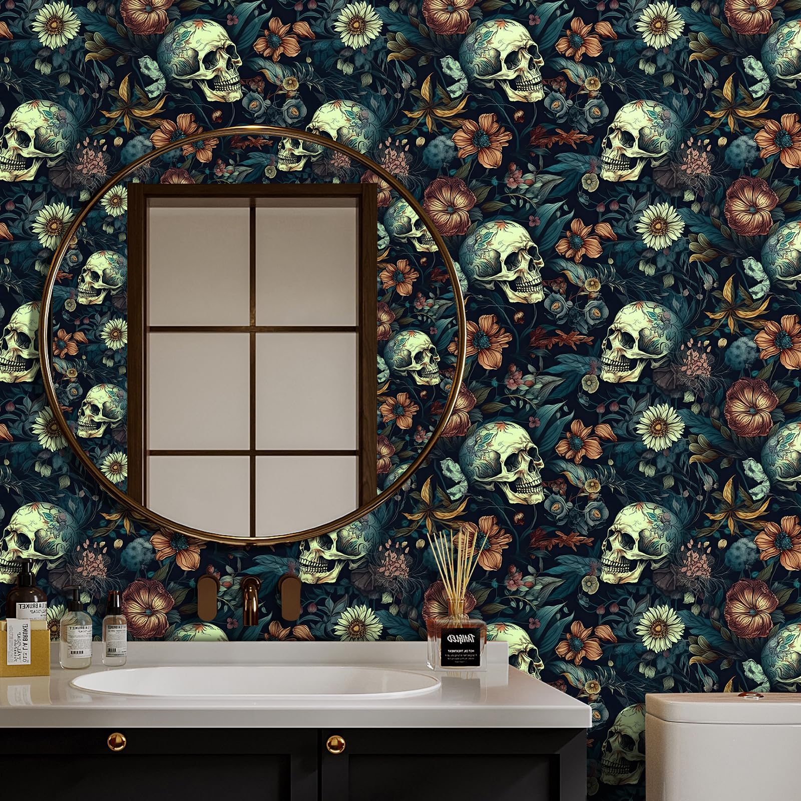 FunStick 44.5CMx9M Papel Pintado Autoadhesivo Negro Flores y Calaveras Halloween Papel Pintado Pared Dormitorio Vinilo Adhesivo Calavera Amarillo Negro Vinilo Adhesivo Pared Flores Cocina Baño Gótico