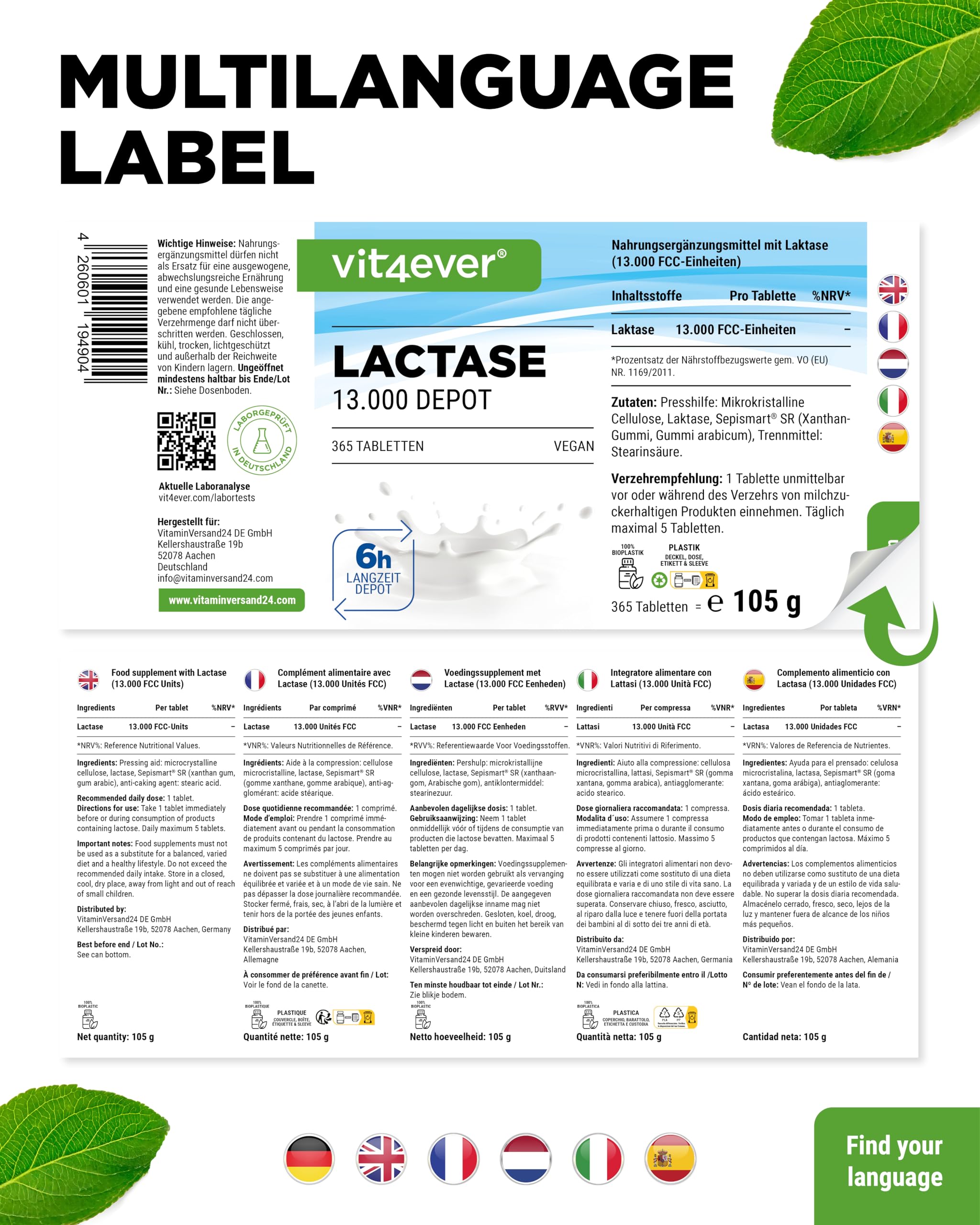 vit4ever Laktase 13.000 Depot - 365 Tabletten mit Depotwirkung (Sepismart® Slow Release) - Hochdosiert mit 13.000 FCC-Einheiten - Bei Laktoseintoleranz + Milchunverträglichkeit - Vegan