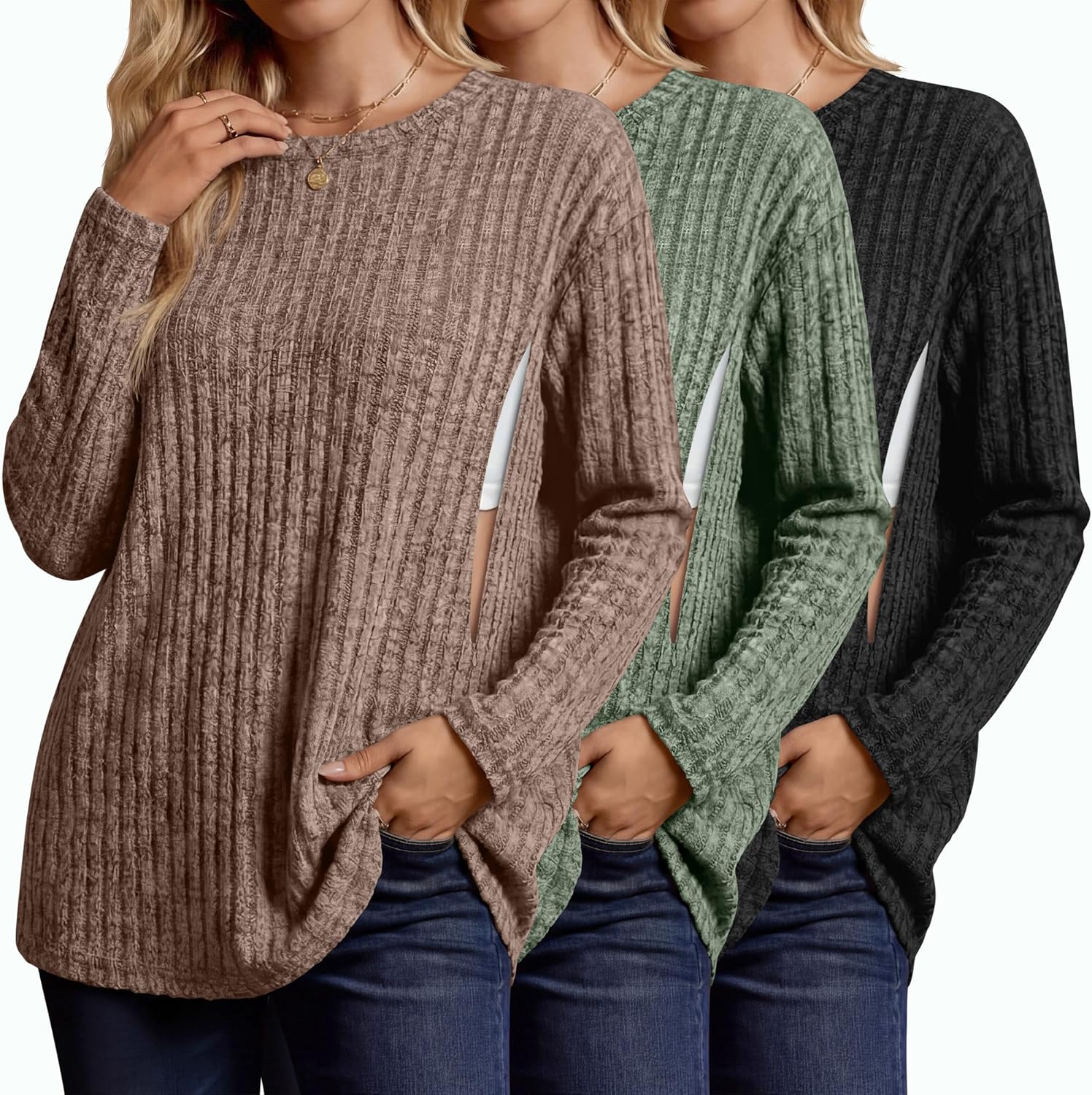 3 Pack Women's Nursing Shirts for Breastfeeding Zipper Ribbed Maternity Tops Lightweight Oversized Sweater