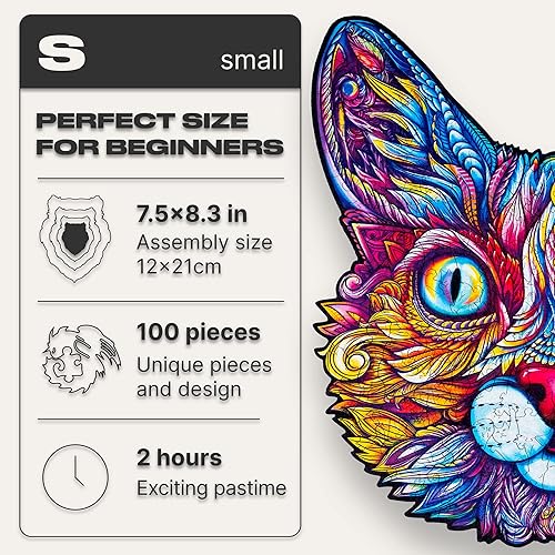 Miniatura 2 de UNIDRAGON Rompecabezas de madera originales, gato impresionante, 100 piezas, pequeño 7.5 x 8.3 pulgadas, hermoso paquete de regalo, forma única, el